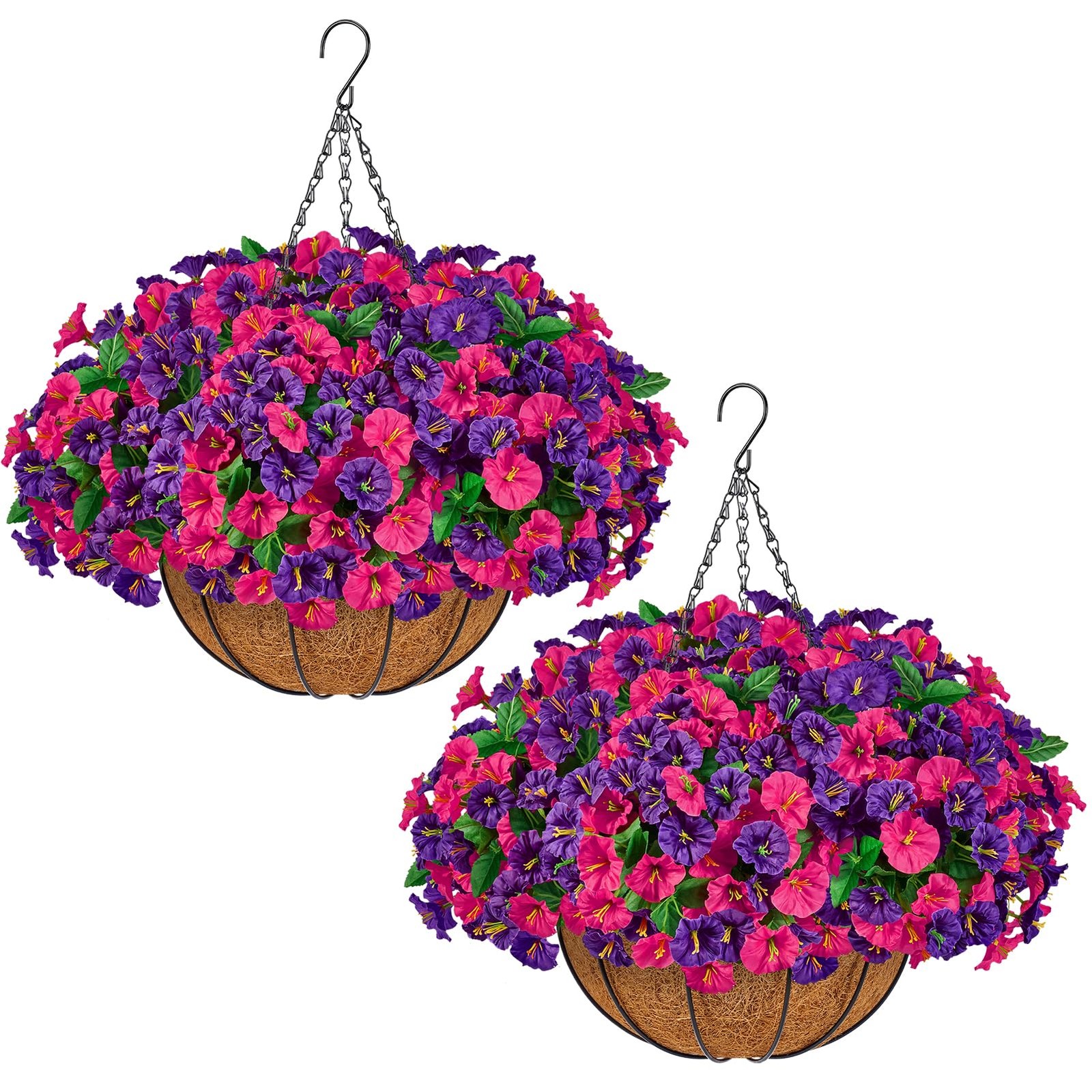 Set of 2 Artificial Hanging Flower Baskets for Outdoor Decor, 16 Bundles Faux…