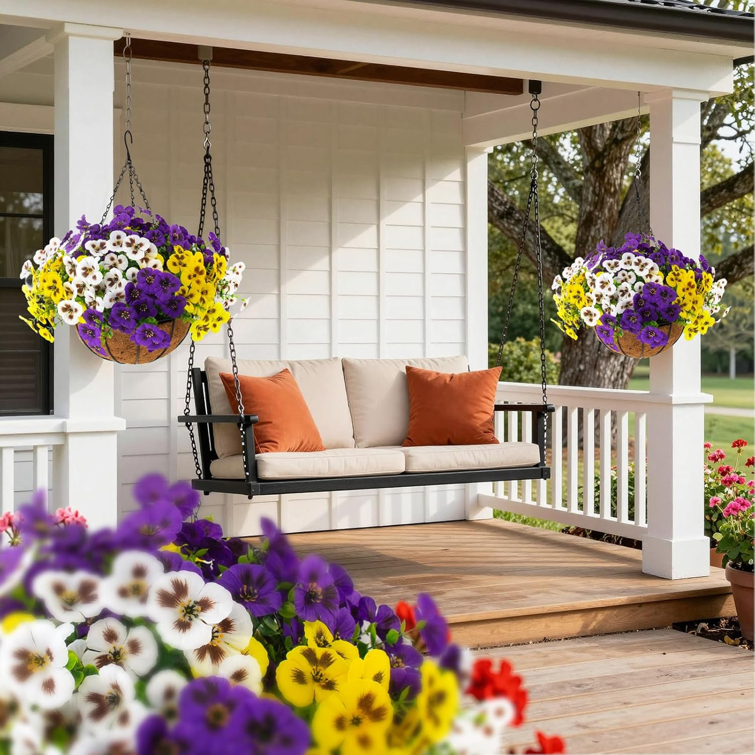 2 Sets Artificial Hanging Pansy Flowers with Baskets, 24 Pcs UV Resistant Faux S