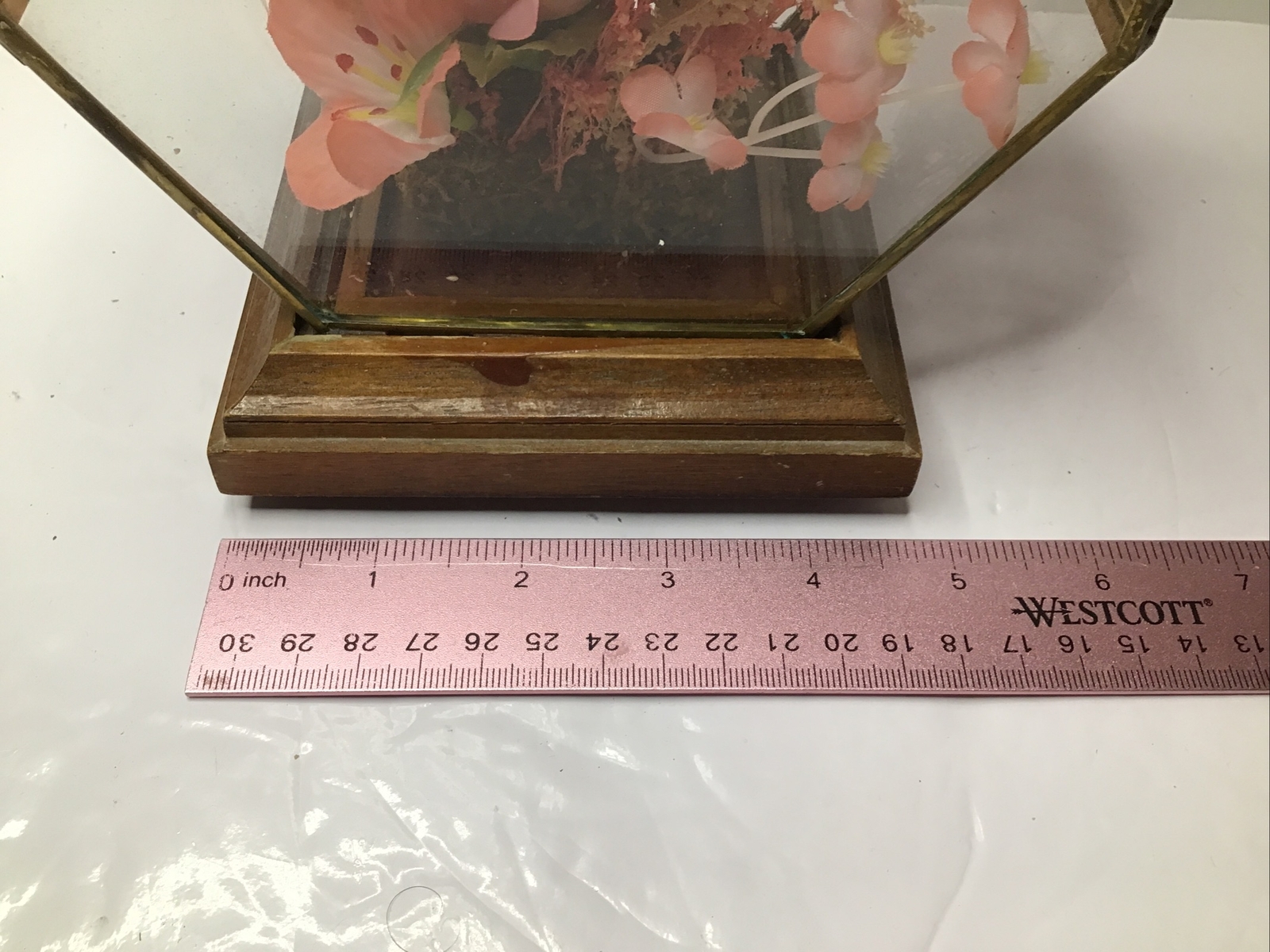 Display Case w Tea Lite Holder Pink Silk Flowers Wood and Brass Vintage