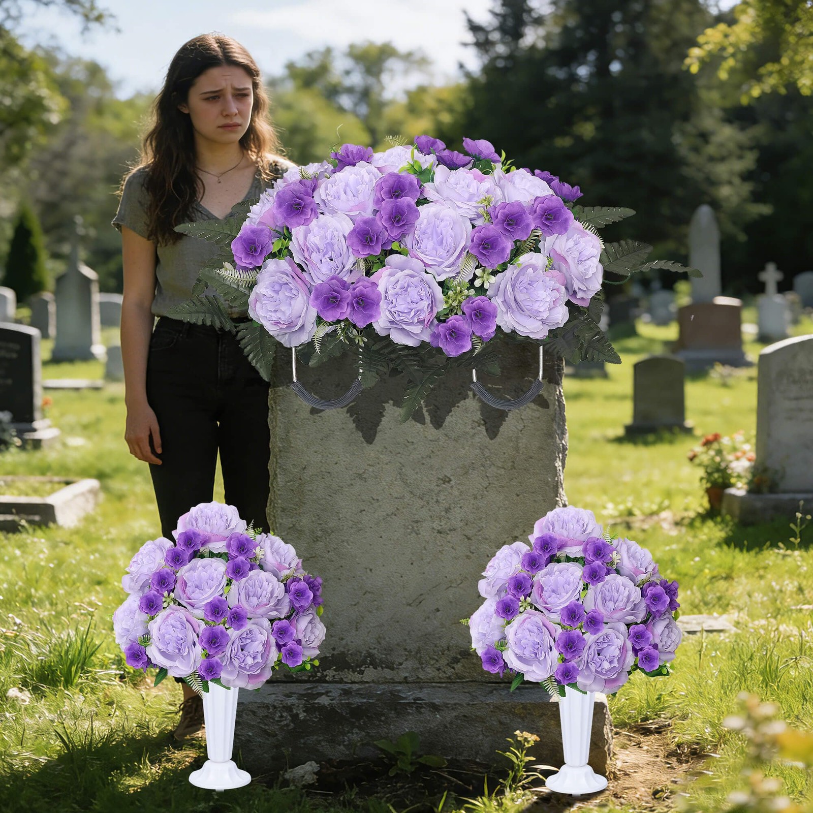 Grave Decorations for Cemetery Headstone Flower Saddle 2PC Artificial Peony F…