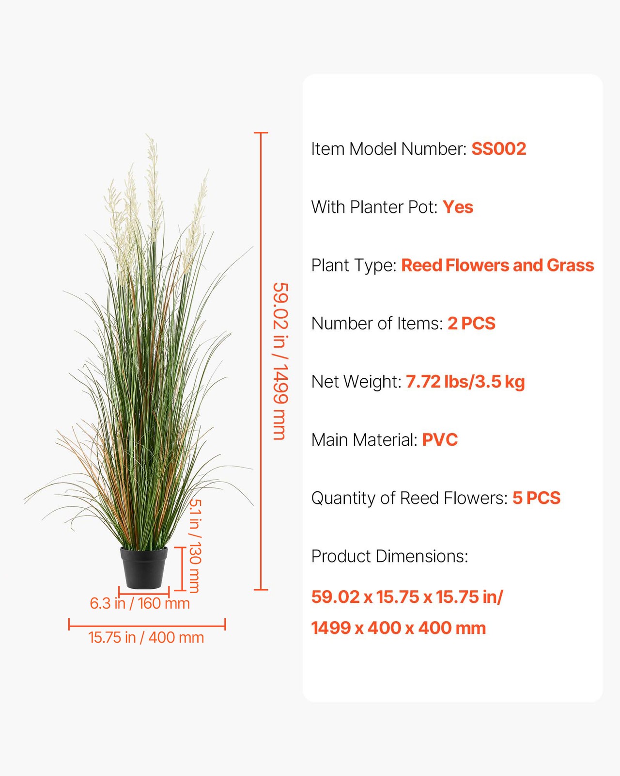 VEVOR Artificial Grass Plant 59 Inch Reed Flower Grass In Pot 2 Pack Green