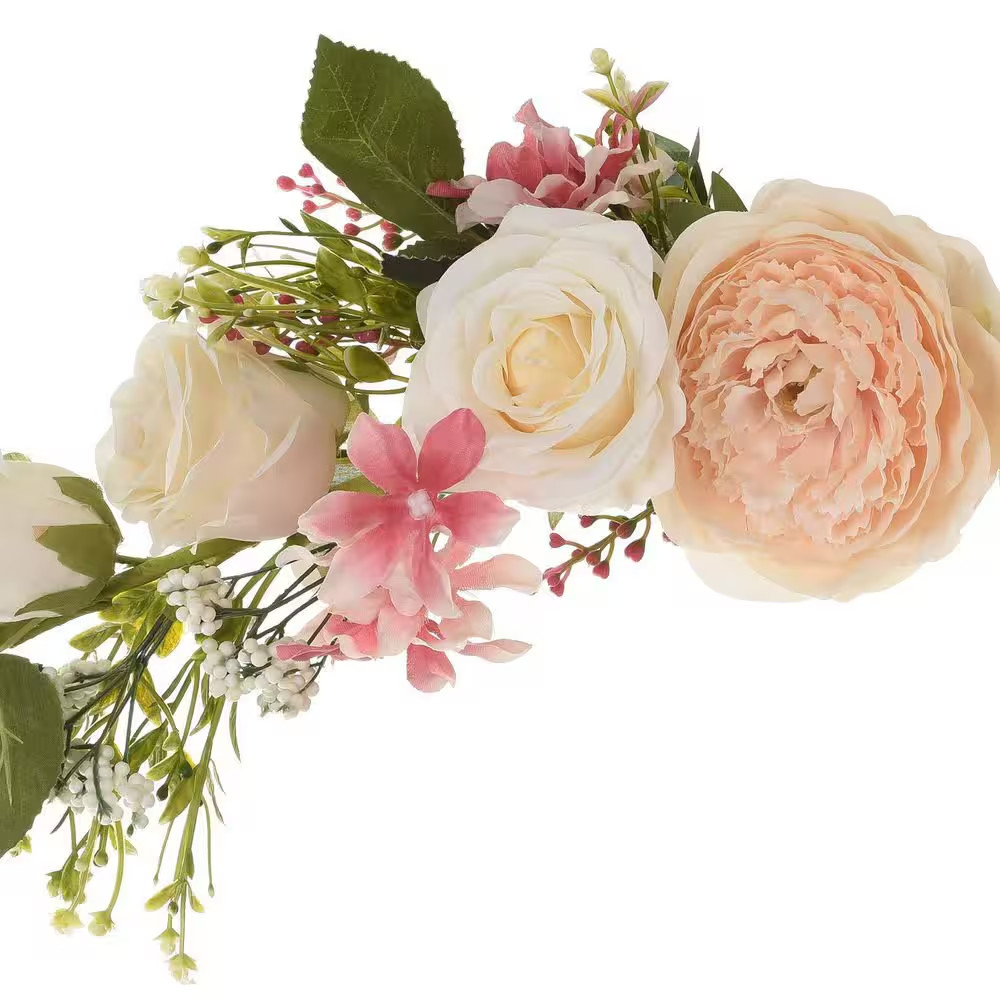 5 In. 25 In. Champagne Peony White Rose Artificial Flower Swag with Green Leaves