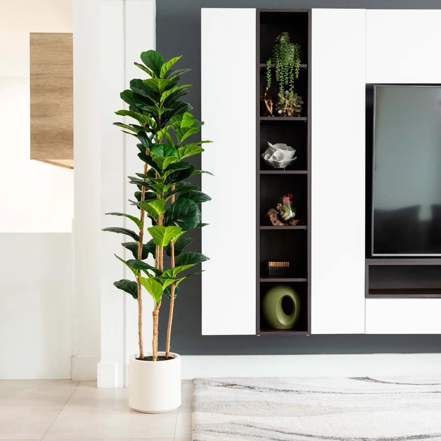 6 Ft. Artificial Fiddle Leaf Tree in Decorative White Planter.