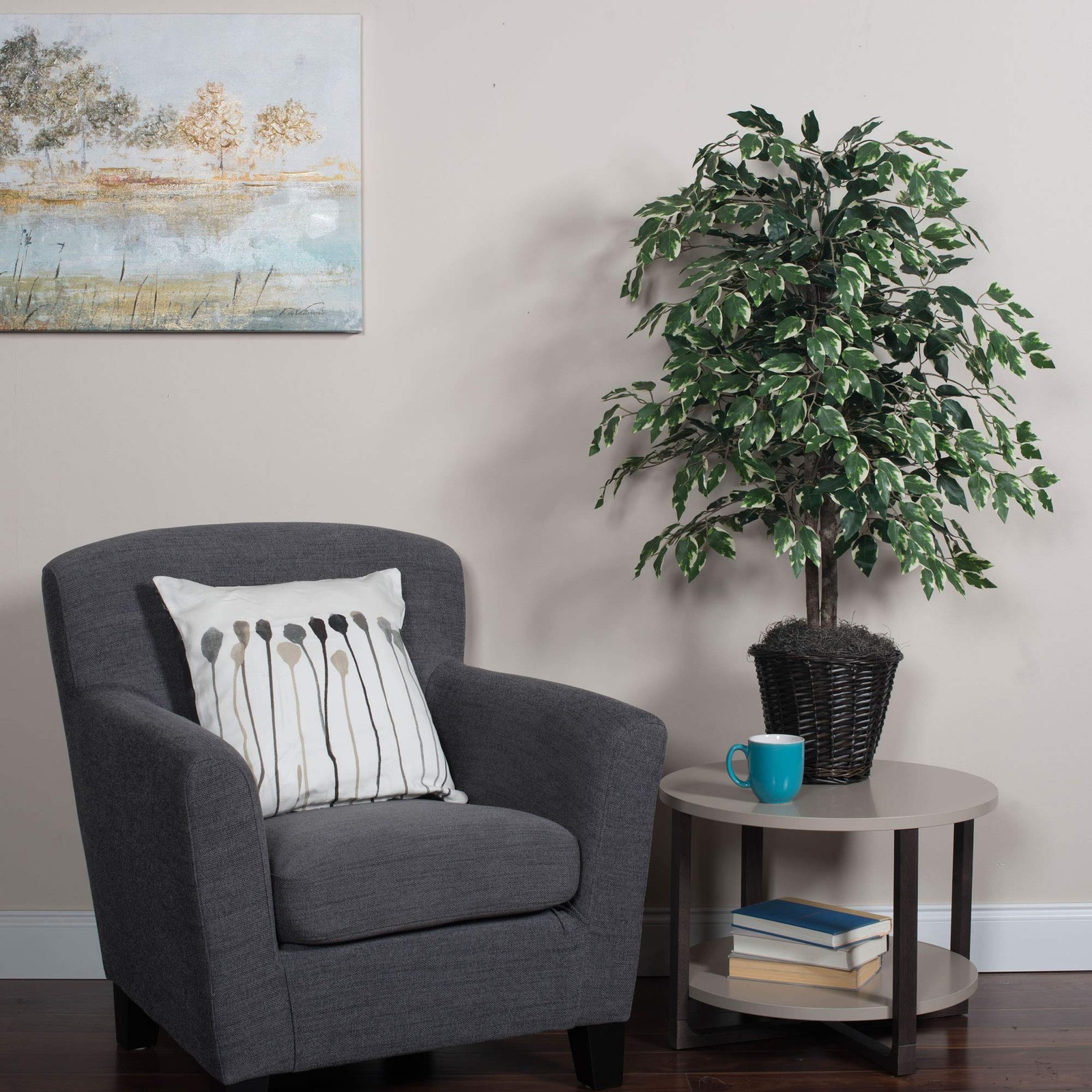 Pemberly Row 4′ Artificial Variegated Ficus Bush w/ Rattan Basket in Green/White