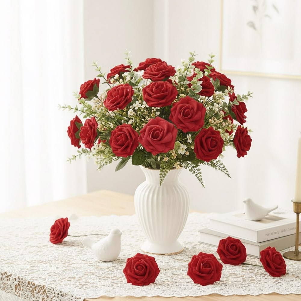 Artificial Flowers, 25 Pcs Red Foam Fake Roses Bulk for Flower Decoration DIY…