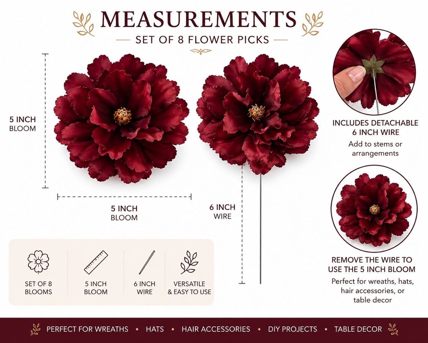 Red Peony Flower Picks Set of 8 Burgundy Red Blooms Wired Floral for Wreaths Hat