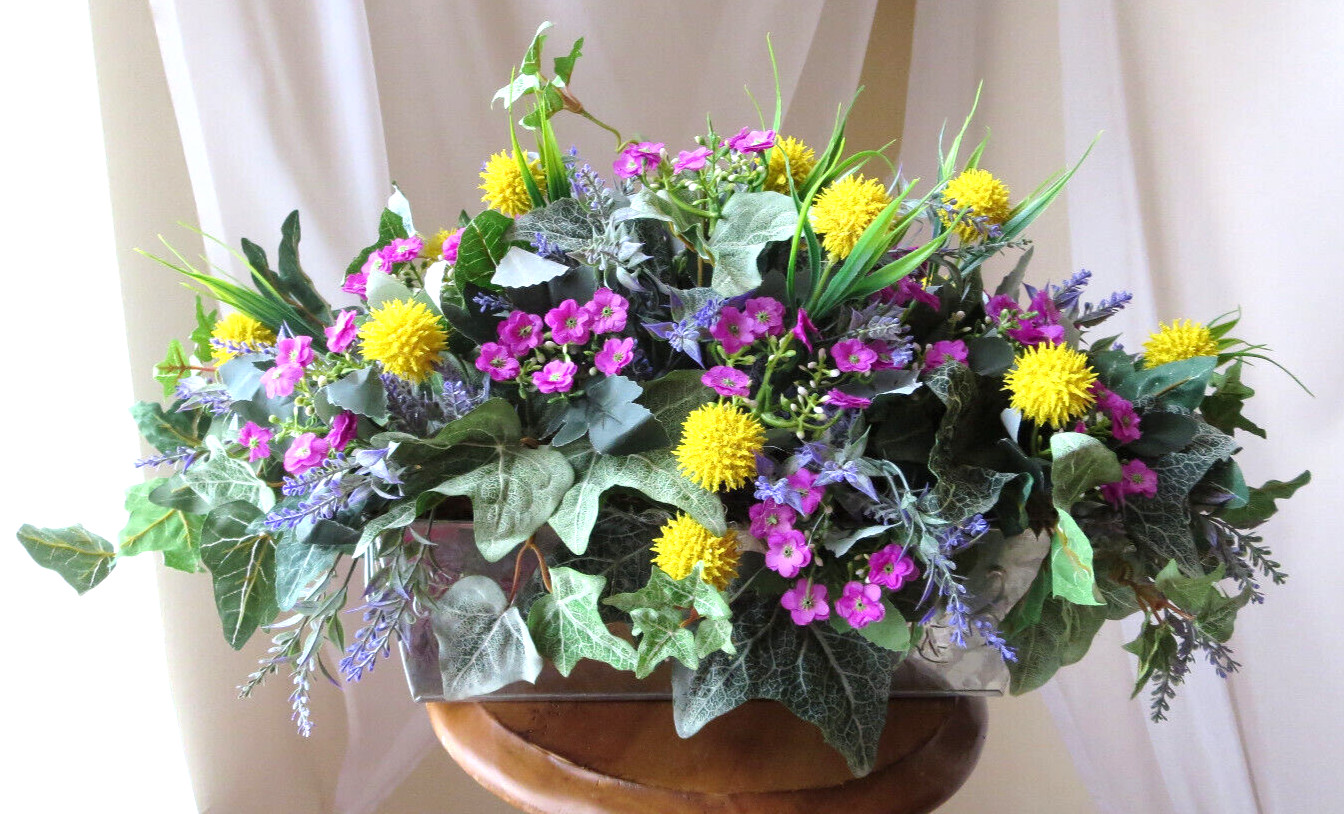 SPRING ARRANGEMENT ARTIFICIAL SILK/PLASTIC FLOWERS IN IRON CONTAINER 22″x14″ NEW