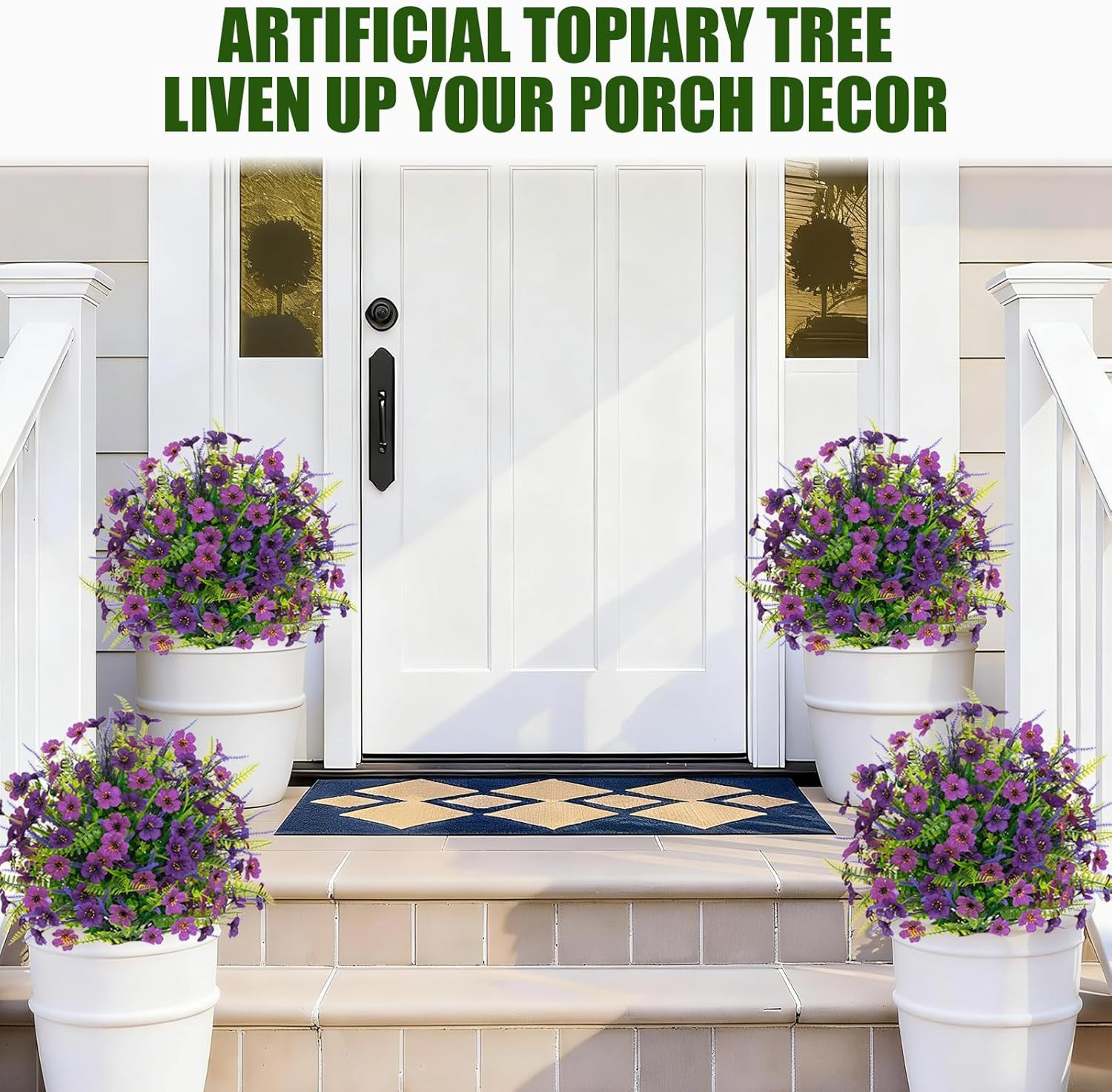 2PACK Artificial Topiary Ball Flowers Boxwood Lavender Plants with Spike,Outdoor