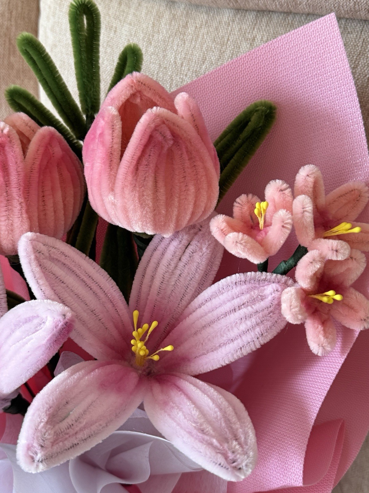 Artificial Pink Lily Tulip Flower Bouquet with Ribbon & Pink Wrapping, Fabric