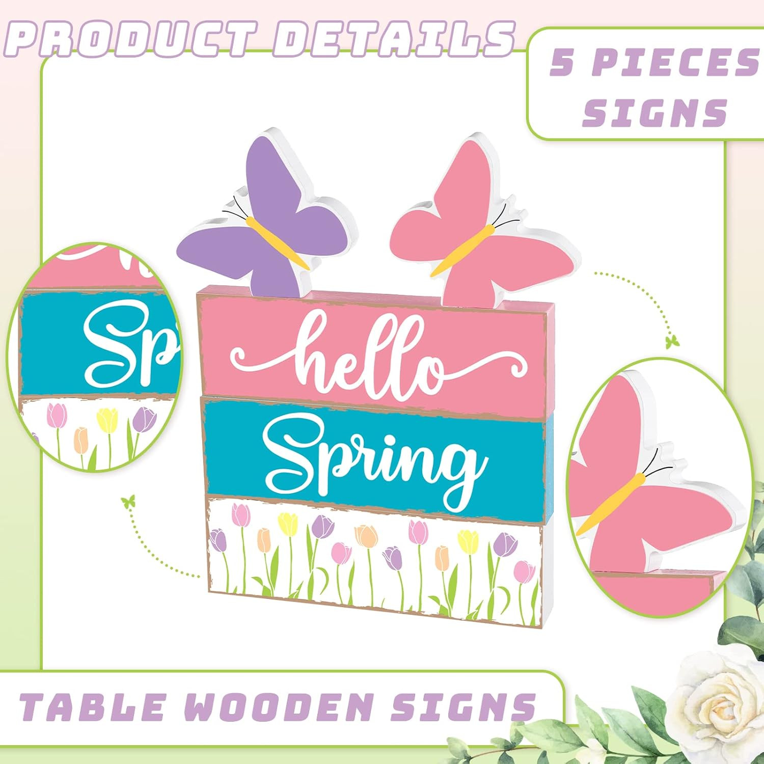 5 Pcs Hello Spring Table Centerpieces Decoration Farmhouse Spring Home House Dec