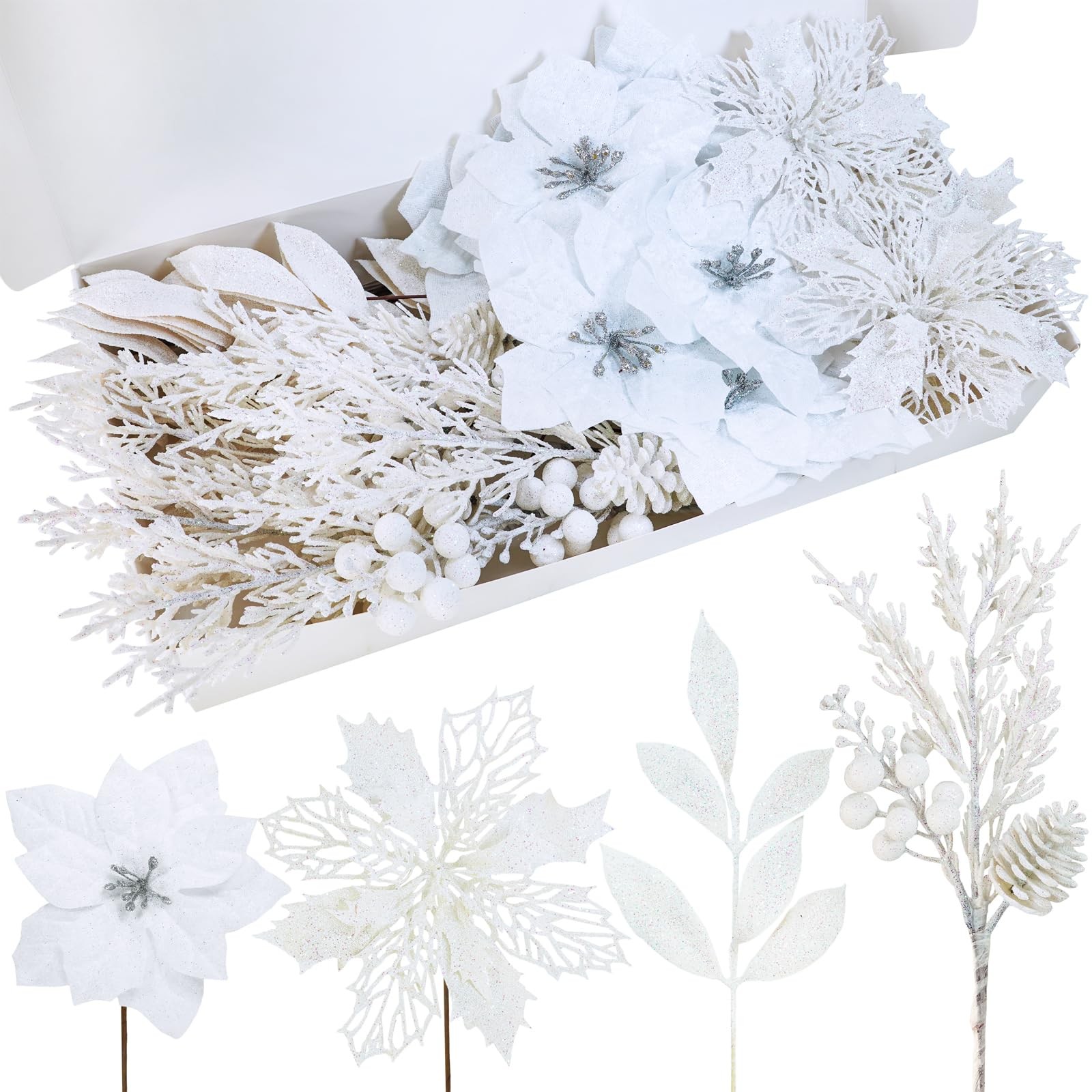 35 Pcs Christmas Artificial Poinsettia Flowers Picks and Artificial Leaves Sp…