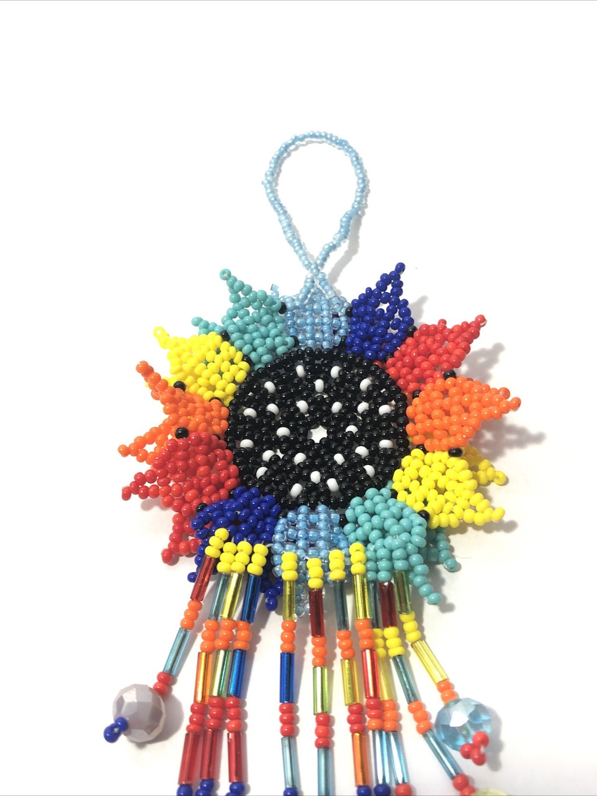 Hand Made Beaded Colorful Mexican Sunflower 5” Seed Bead Dangle Charm Ornament.