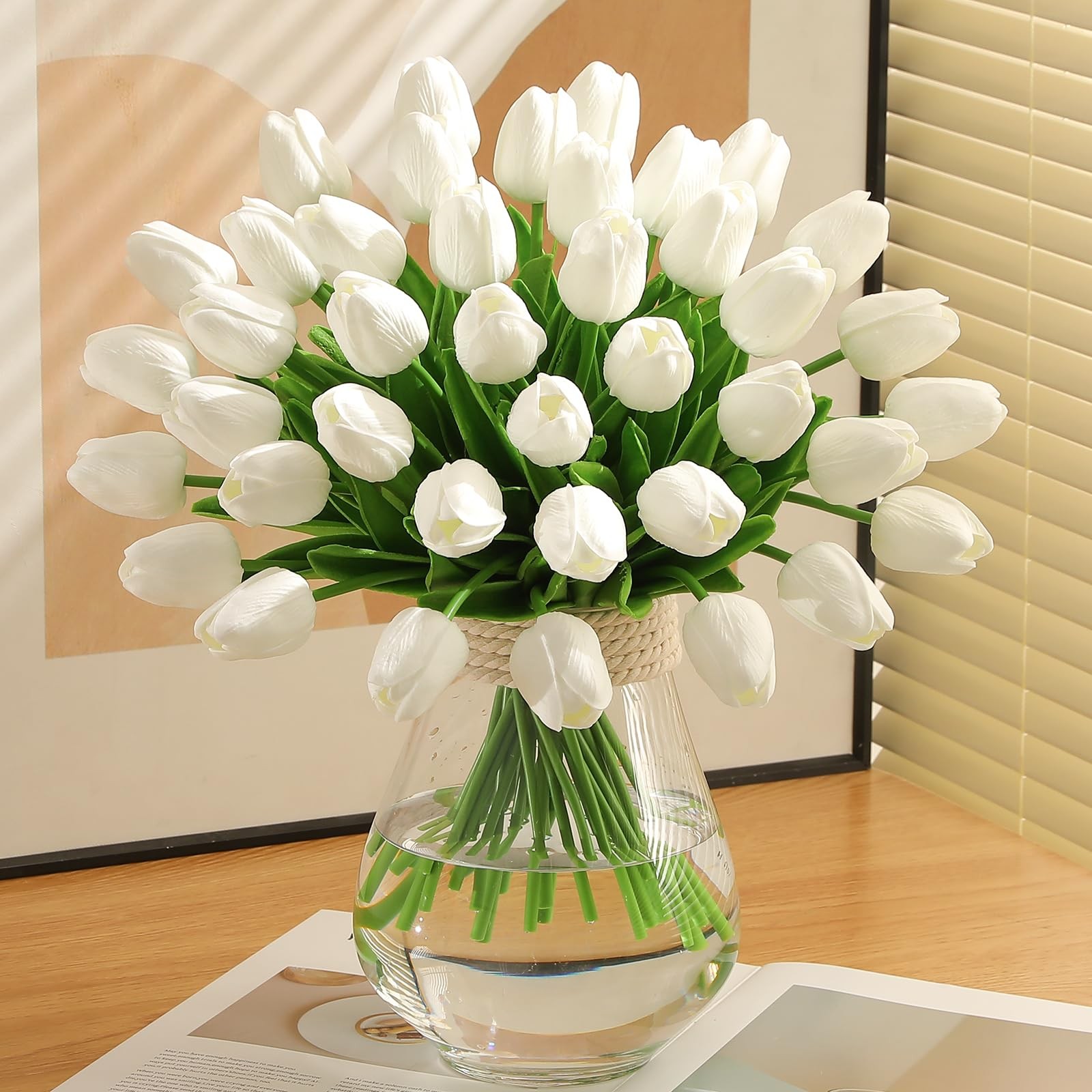 24 PCS Artificial Tulips PU Faux Flowers White Real Touch Fake Wedding
