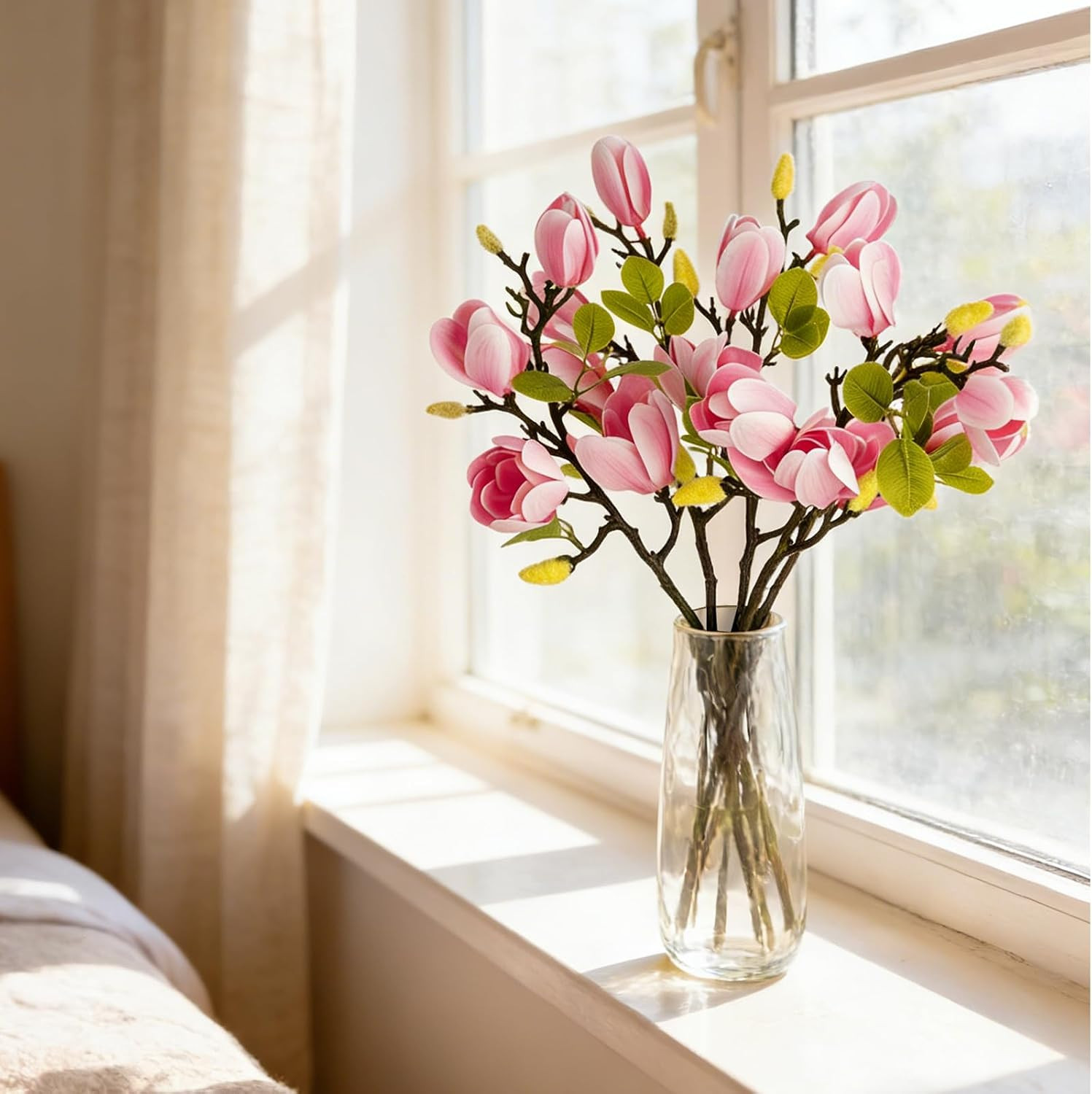 6 PCS 27″ Faux Magnolia Flowers – Realistic Light Pink Floral Decor for Home & E