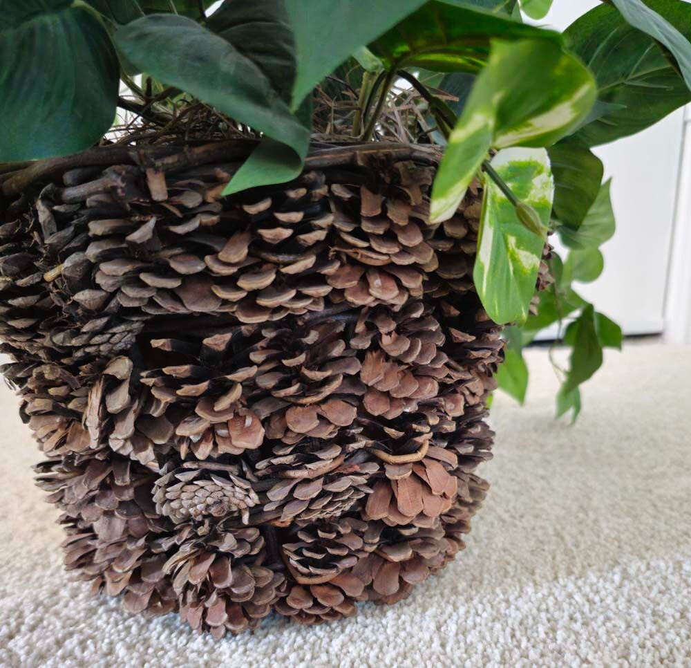 Vintage Rustic Faux Fake Plant in Pinecone Pot Planter Basket Floral Decor