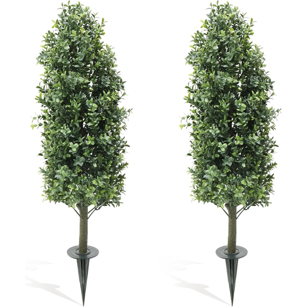 Set of 2 Faux Boxwood Plants: UV Resistant Outdoor Topiary with Ground Spikes