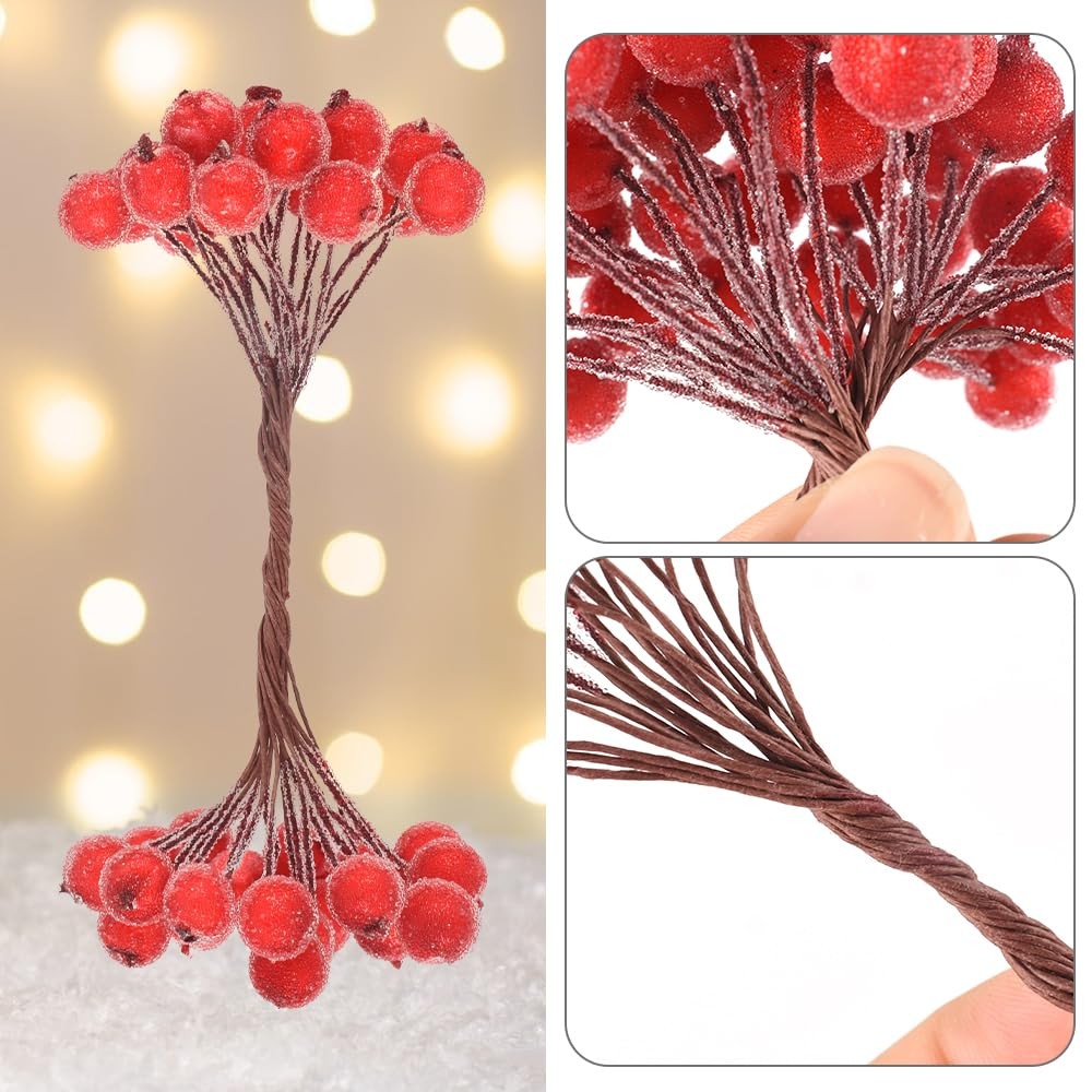 200PCS Artificial Holly Berries Wired Stems Artificial Flowers 12MM Frosted F…