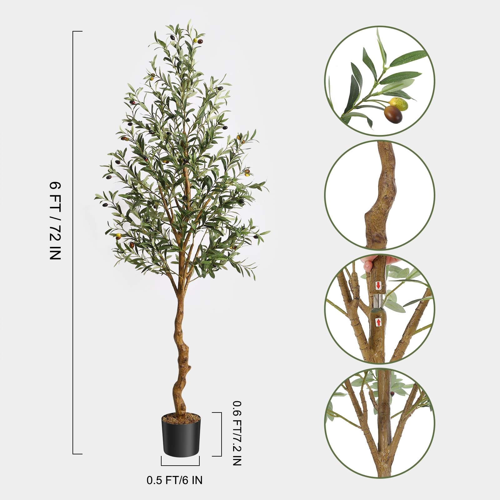 6 ft Artificial Olive Tree Indoor, Tall Faux Olive Tree with Moss, Black Nurs…
