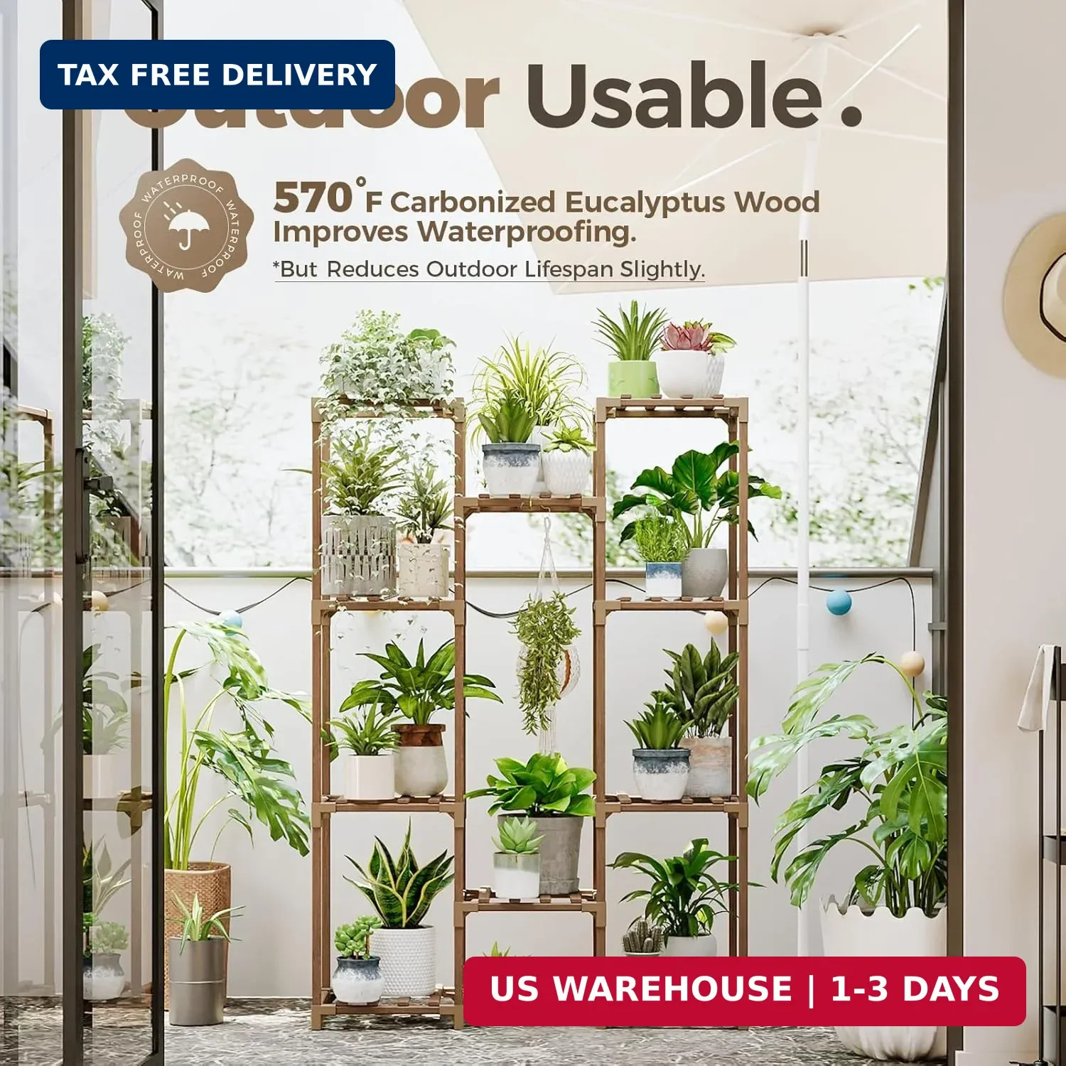 Bamworld Plant Stand Indoor Outdoor Tall Plant Shelf for Multiple Plants Pots Wo