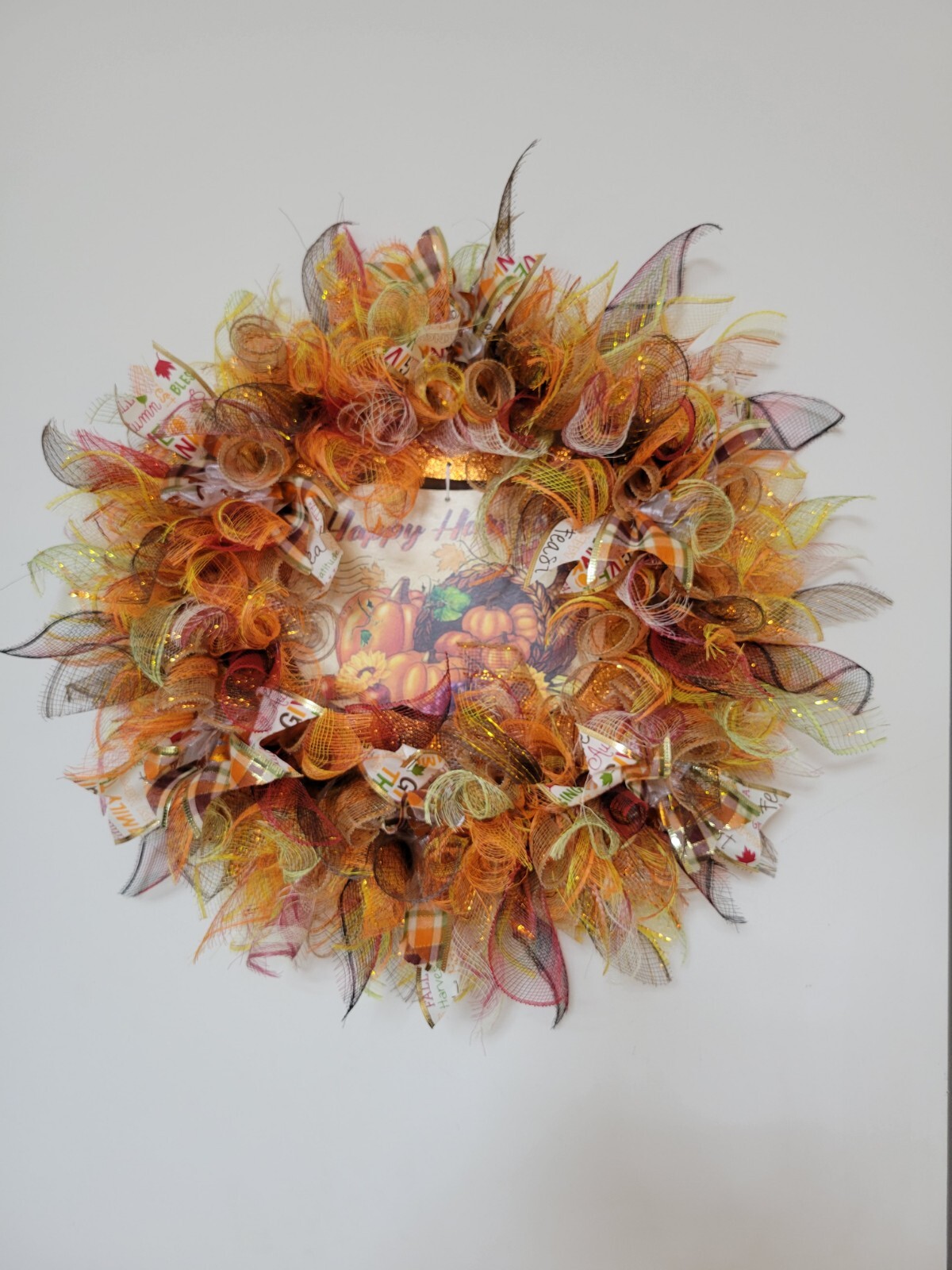 HAPPY HARVEST autumn Spring Mesh Front Door Wreath Wall Decor Bright colors