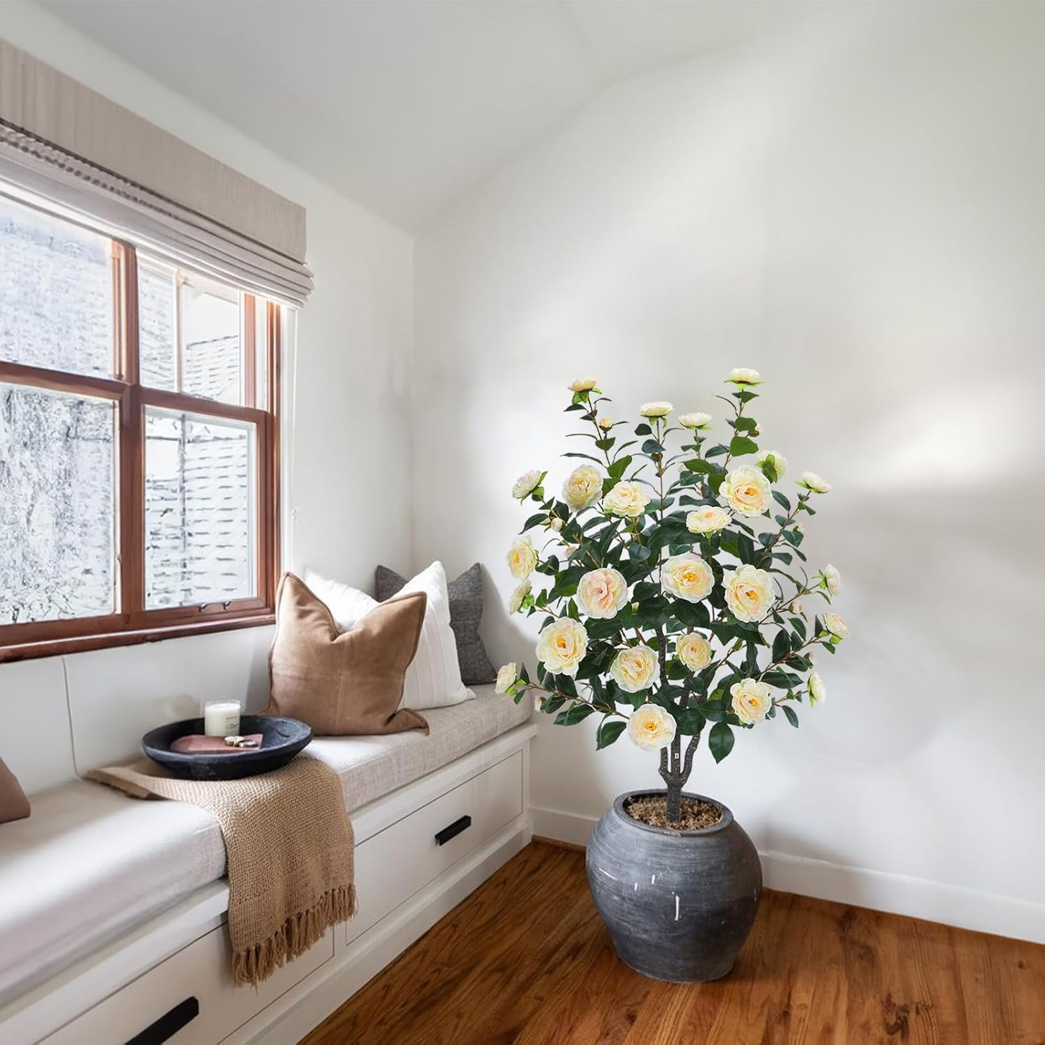 3.6FT Artificial Camellia Tree with 32 Yellow Pink Flowers for Indoor/Outdoor De