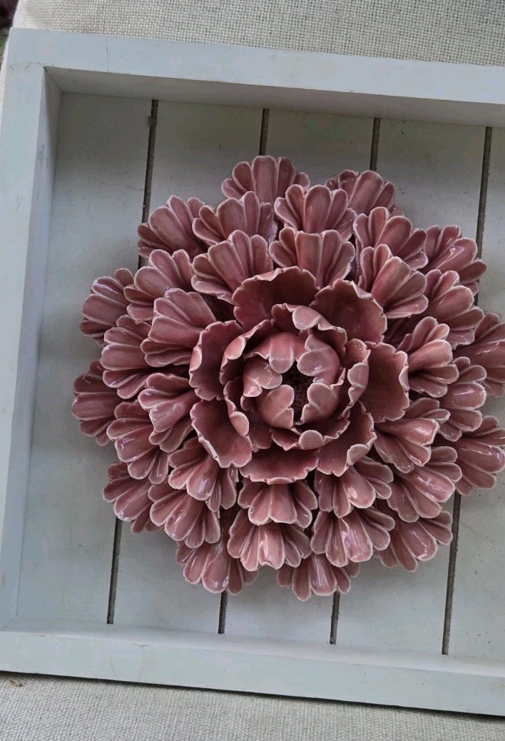 Peony Ceramic Wall 3D Decoration Pink 10.5”Square. Wall Decor Hook. Read