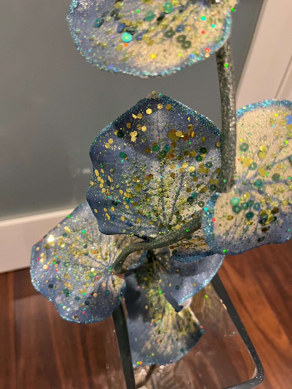 Blue-Green Sequin Leaf Spray Stem – Approximately 39” Glitter Faux Flower