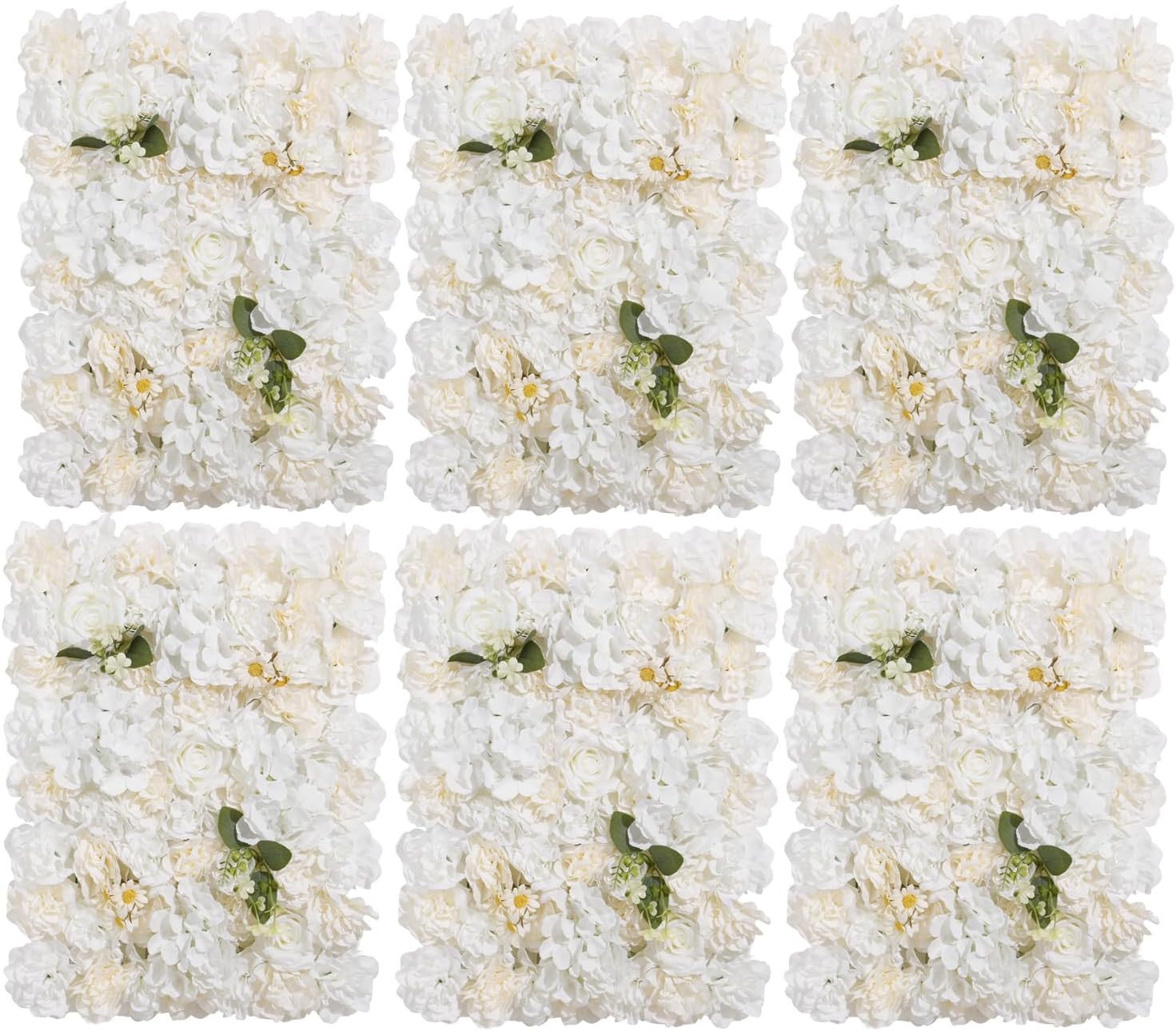 3D Flower Wall Backdrop – 6Pcs 16×24 Inch Artificial Rose Panels White Silk Flor