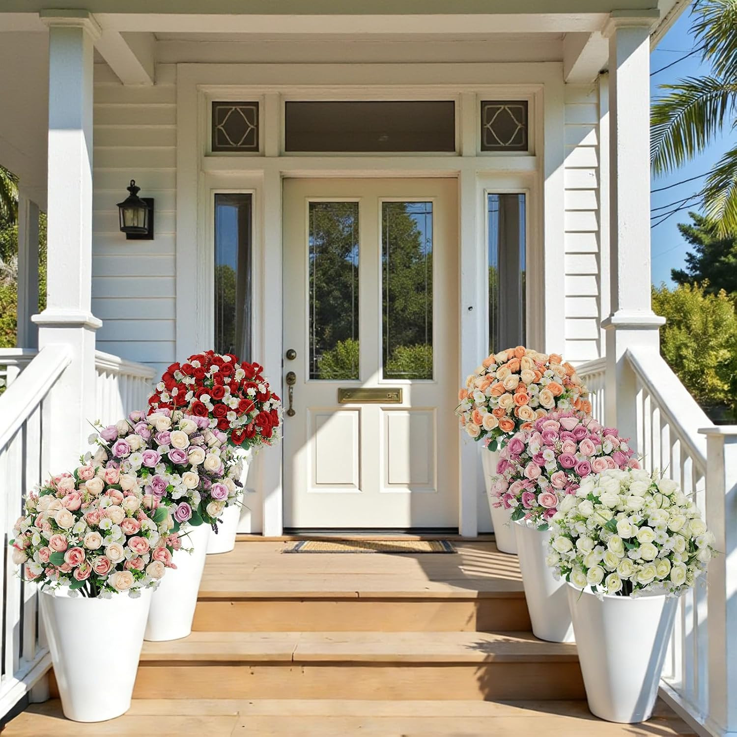 24″ Artificial Outdoor Flowers Set of 2, Faux Rose with Eucalyptus Plants in Cem