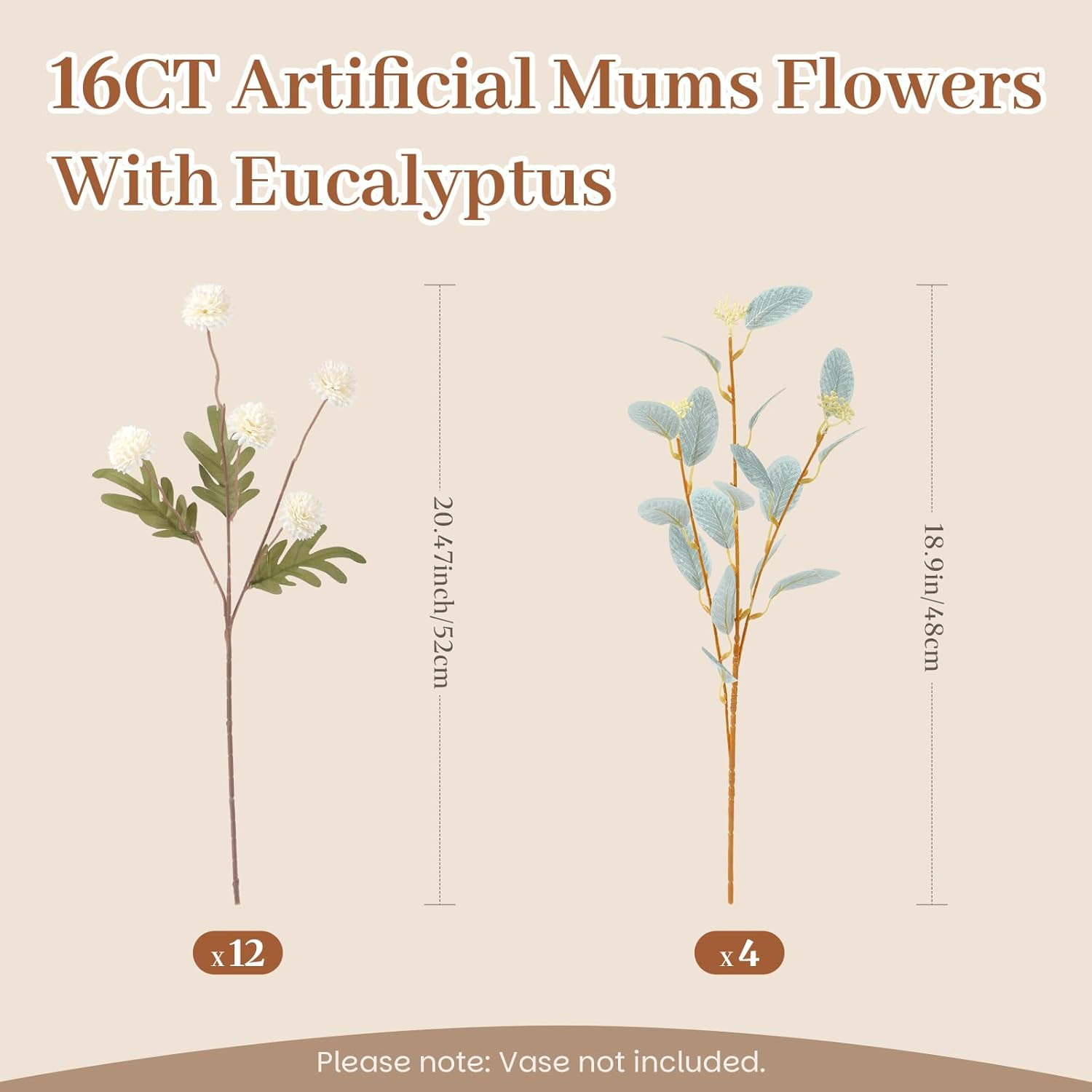 16PCS Faux Silk Pompon Mums Artificial Flowers with Eucalyptus, Fake Chrysanthem