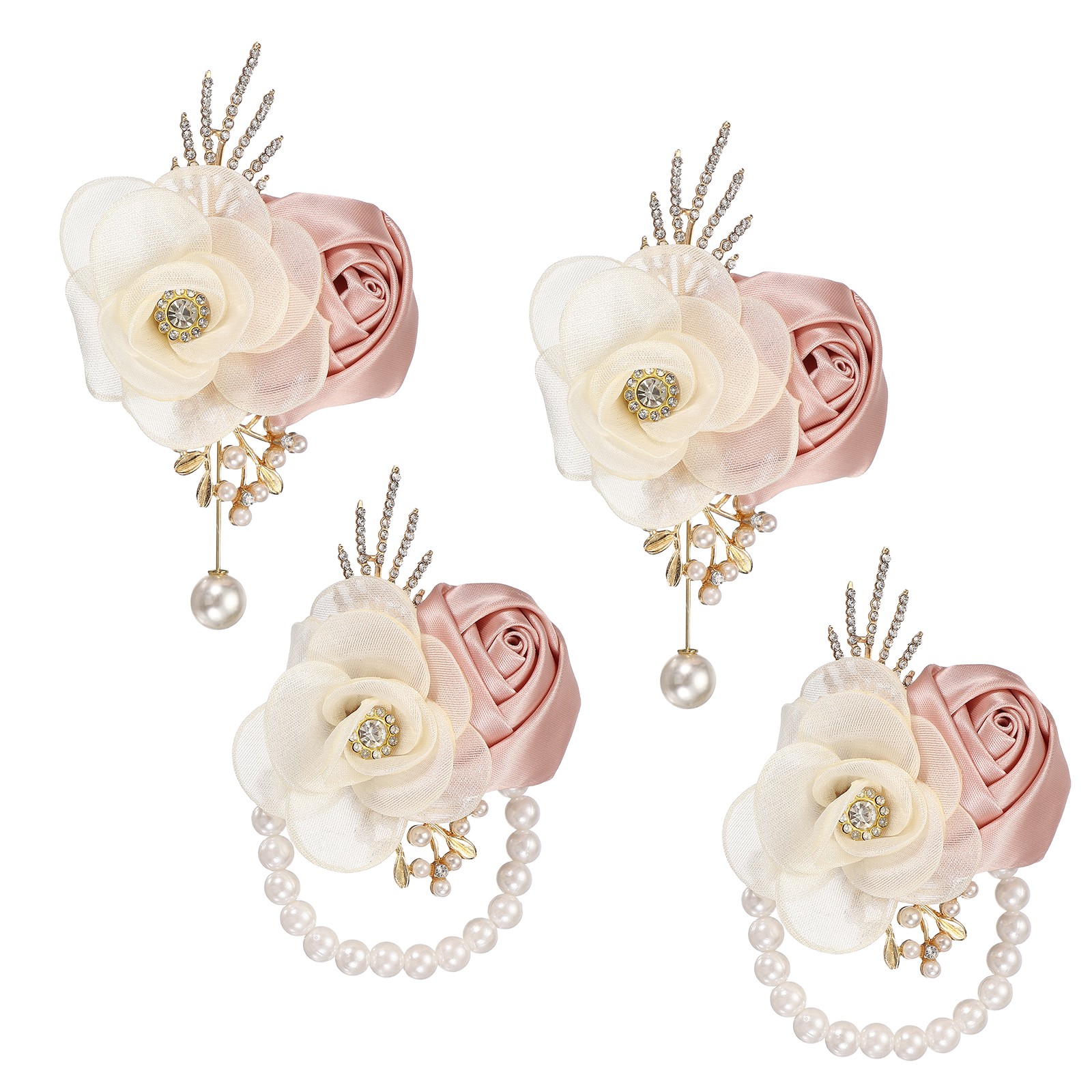 2 Set Wrist Corsage and Boutonnieres Set for Wedding Groom Bride Champagne)