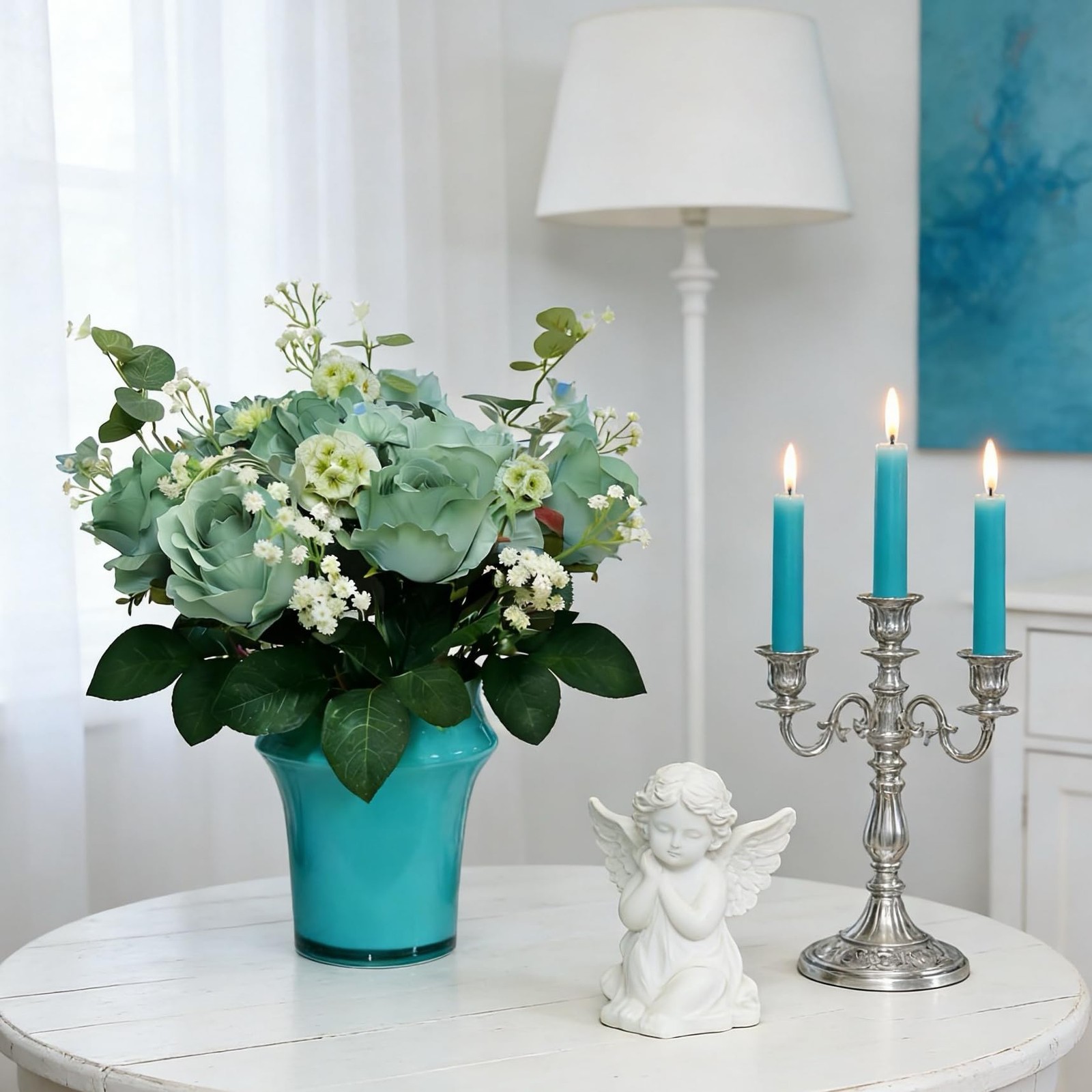 Turquoise Teal Blue Artificial Silk Rose Babys Breath Mixed Flowers Teal Rose