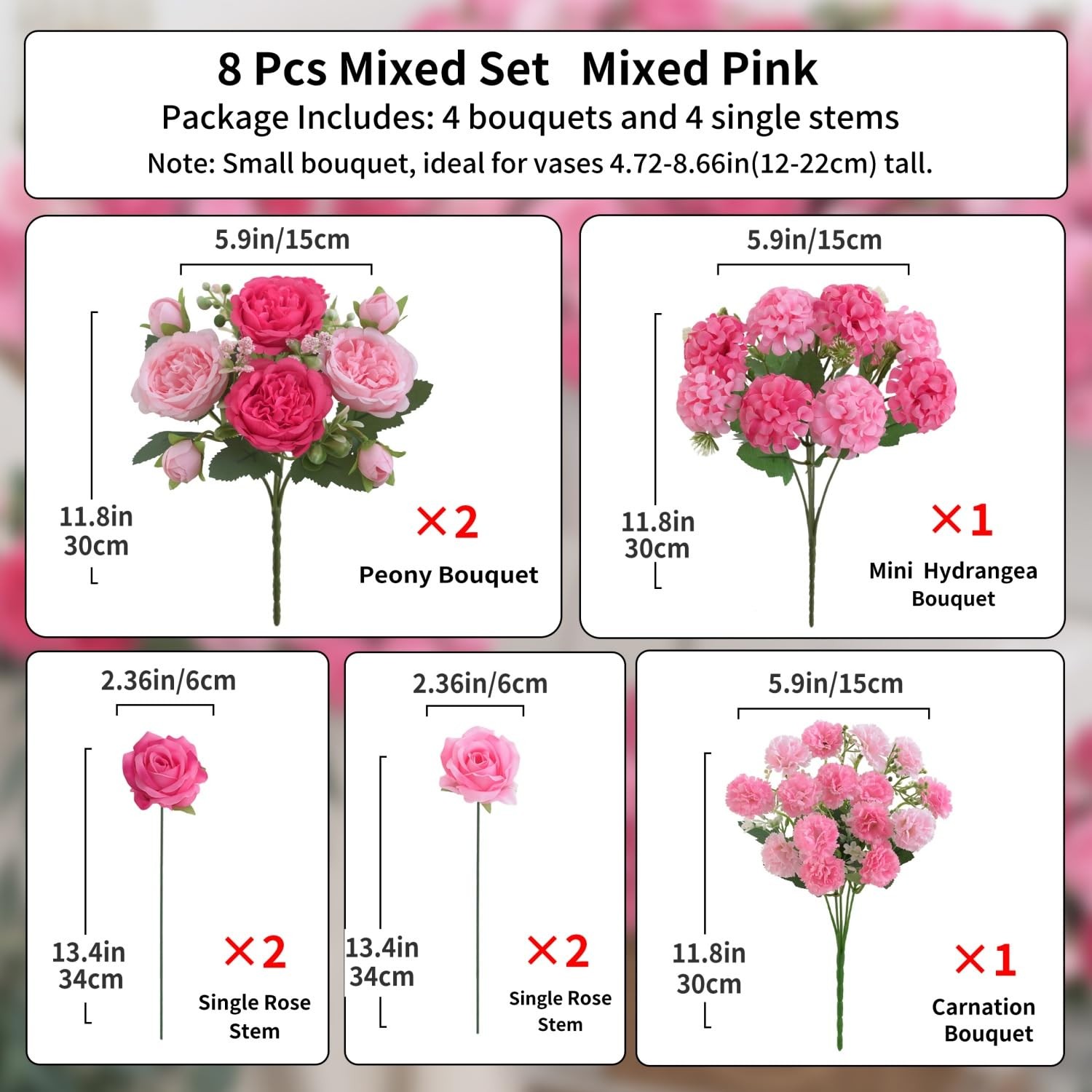 8 Pcs Mixed Artificial Peony Flowers Set-4 Bouquets & 4 Stems, Pink Fake Peon…