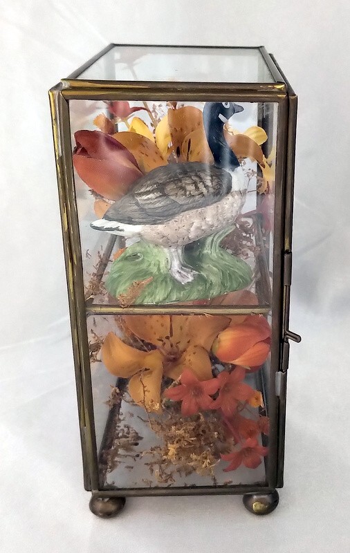 Lot (2) Vintage Octagon/Rectangle Glass Boxes w/ Dried Fall Floral Arrangements