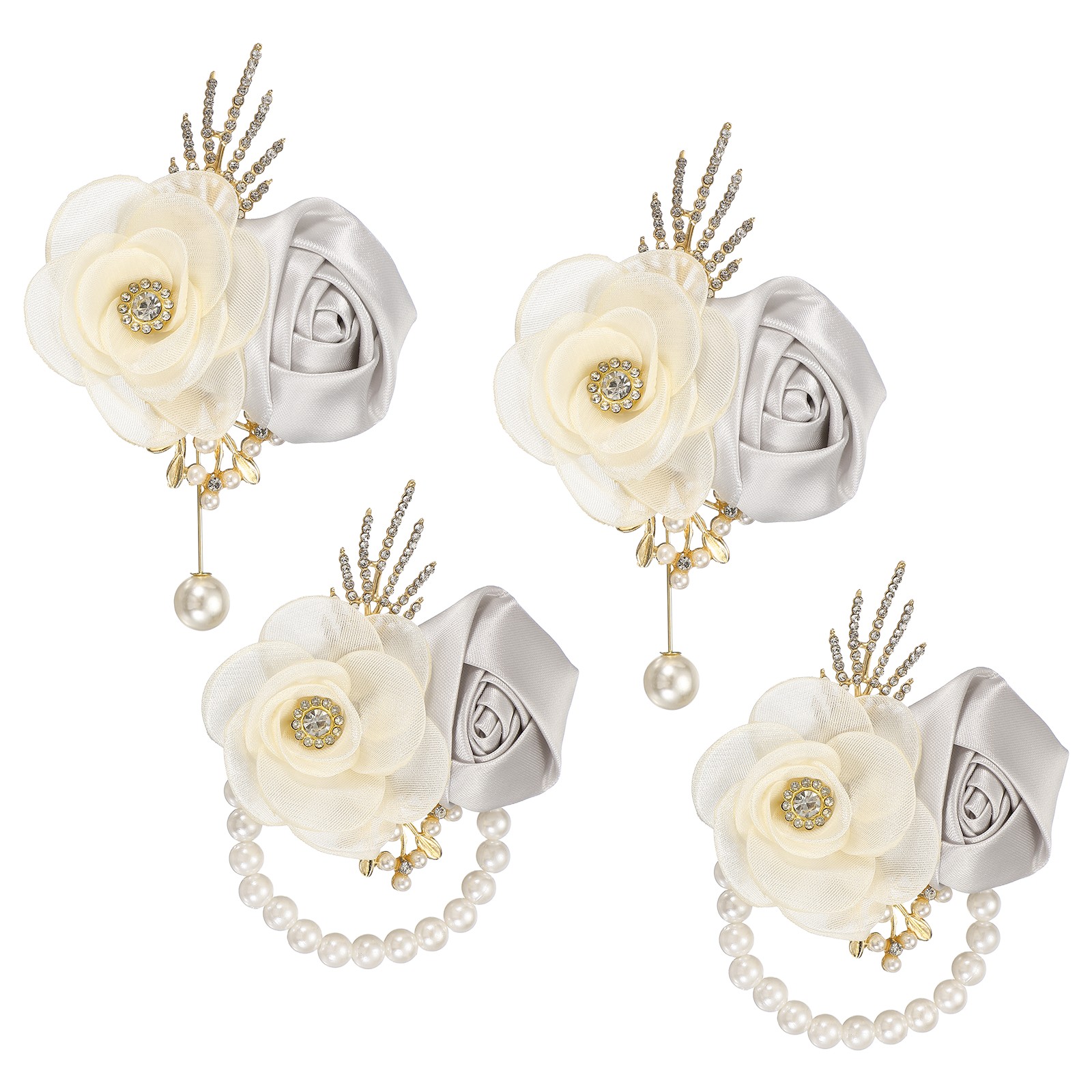 2 Sets Wrist Corsage and Boutonnieres Set for Wedding Groom Bride, Silver