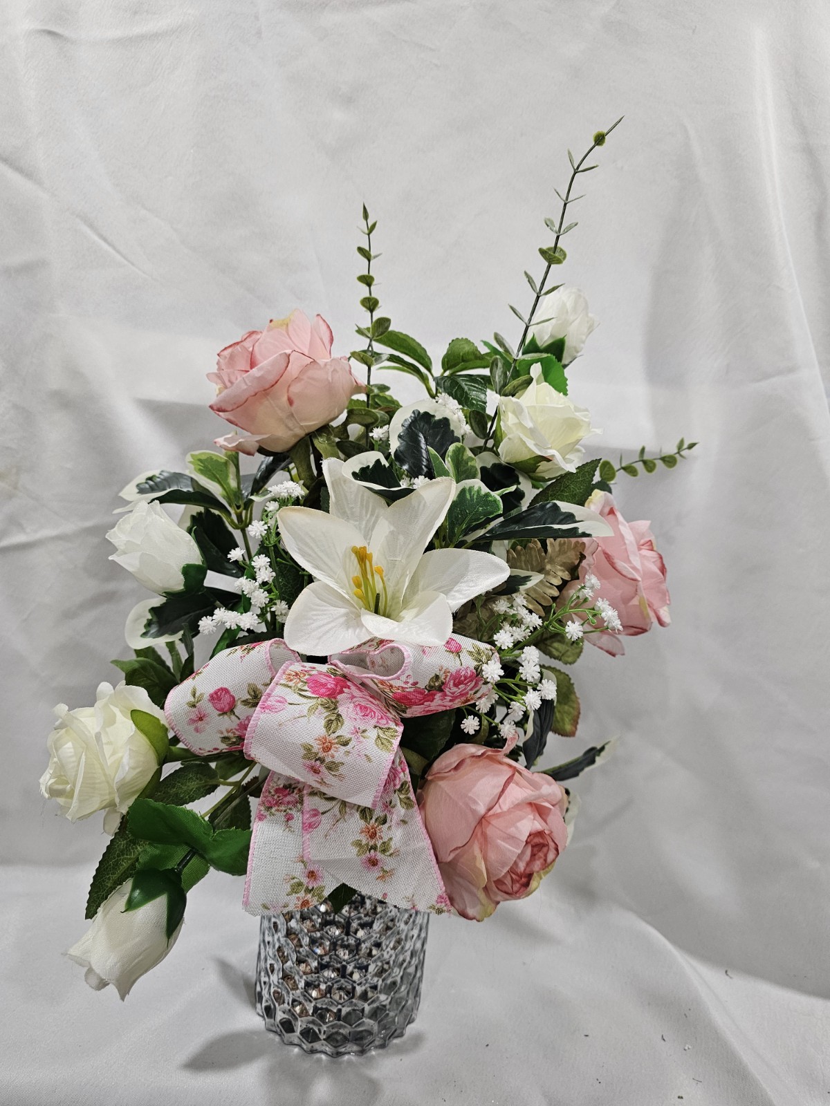 Pink Peoniesm, Roses and Lily Artificial Flowers with Baby Breath Accent