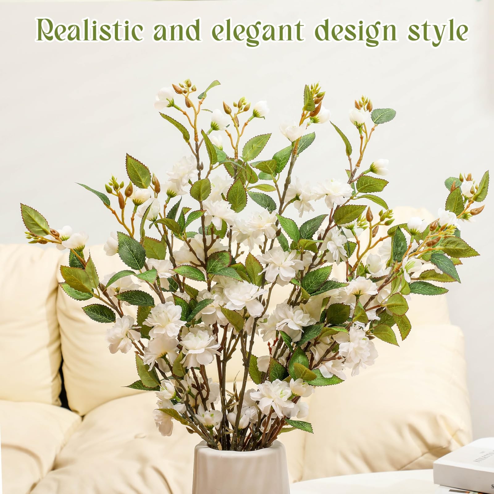 6 Pack 35″ Artificial Camellia Flowers Bouquet White Faux Camellia Plants Sim…