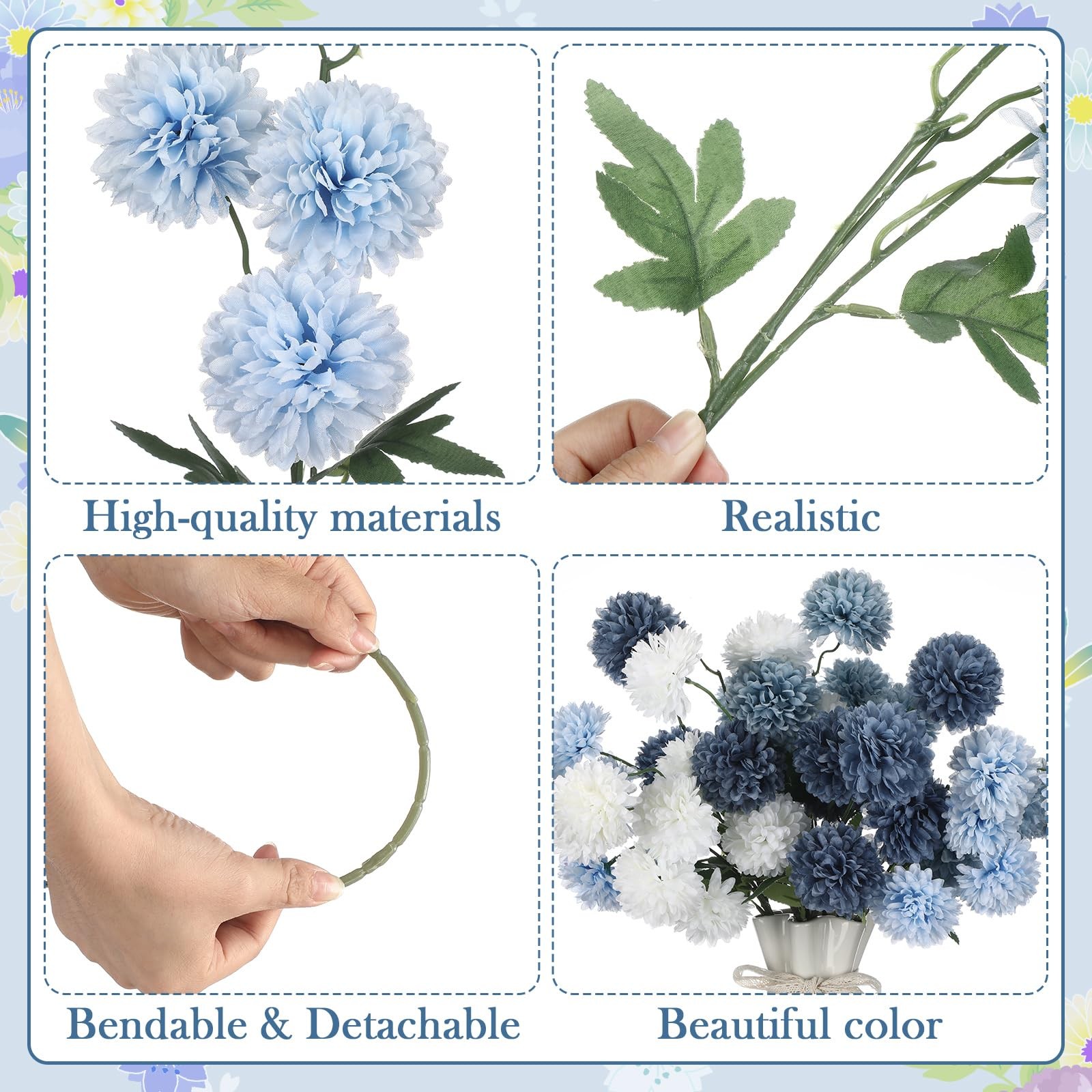 White Navy Blue Artificial Chrysanthemum Silk Mum Flowers 8 PCS 21 Inch Ball