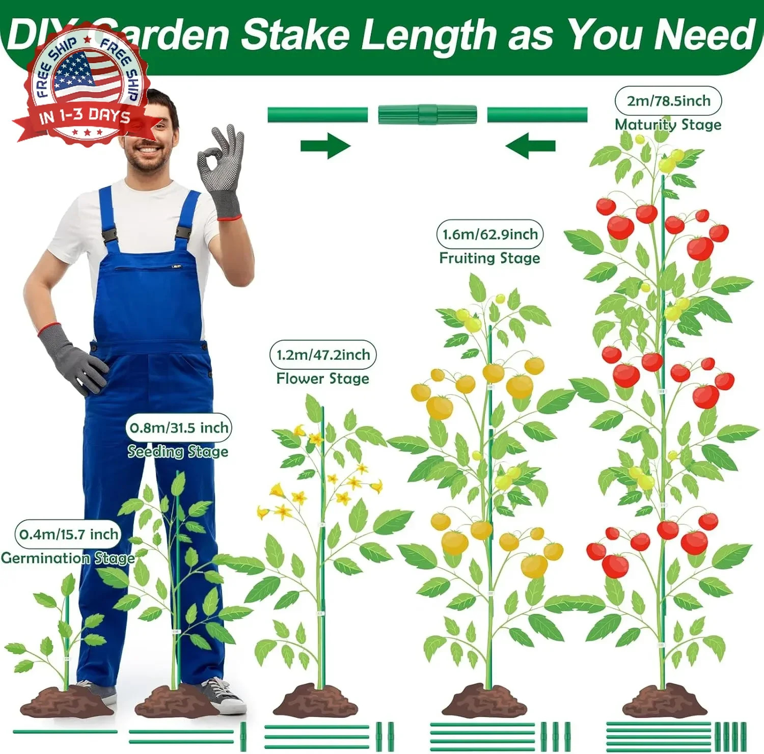310PCS Garden Stakes Set with 100PCS 16 Inch Fiberglass Plant Sticks and Stake A