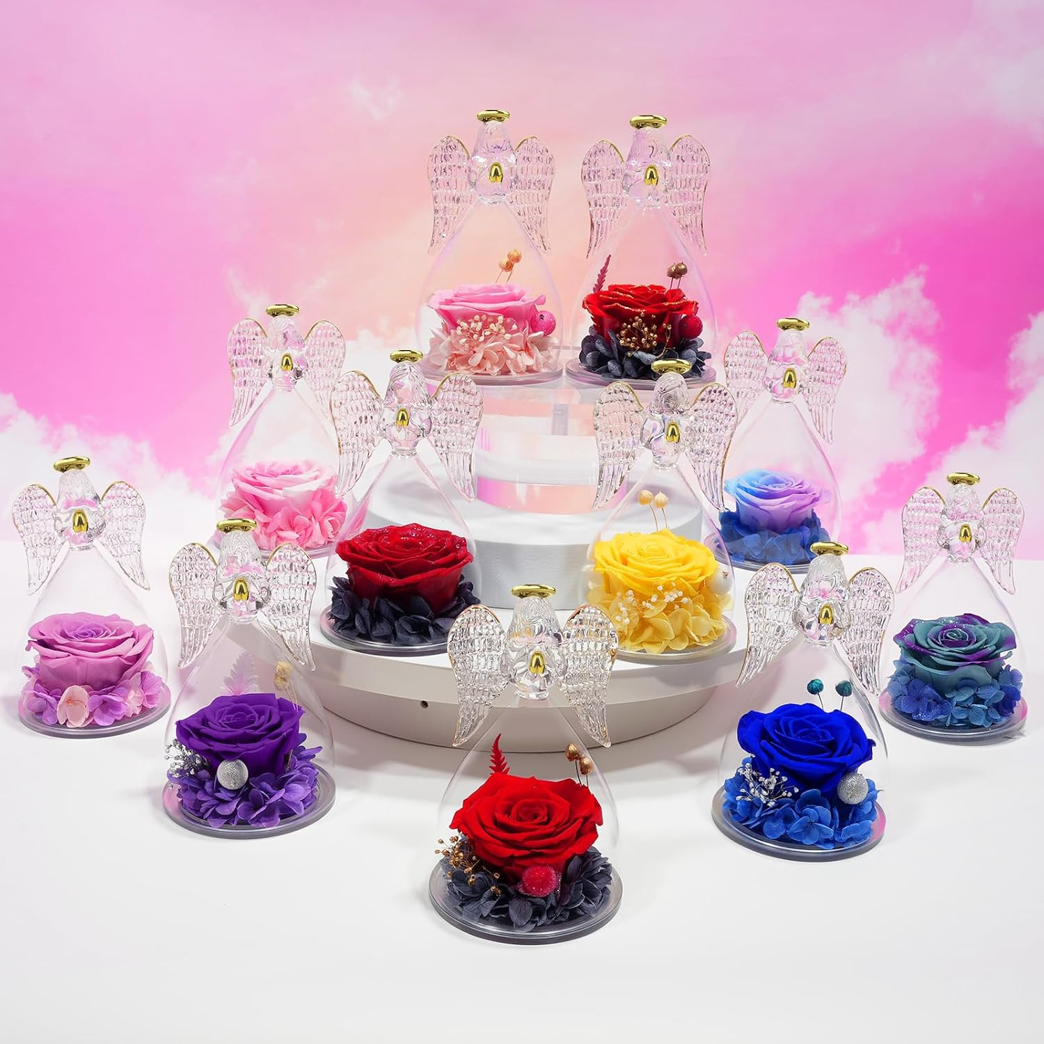 Yamonic Mom Birthday Gifts for Mom, Glass Angel Figurines Forever Real Rose Gift