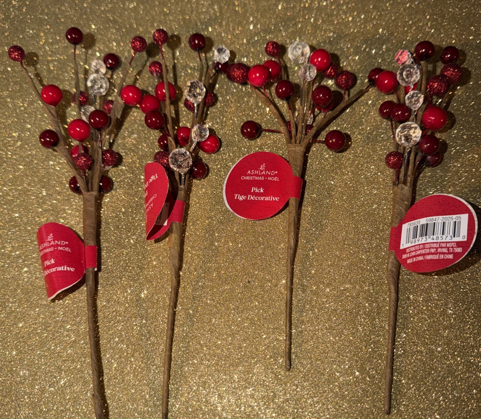 Christmas Ashland Red berry with crystal snow Bead 4 picks 7.5” Glitter Beads