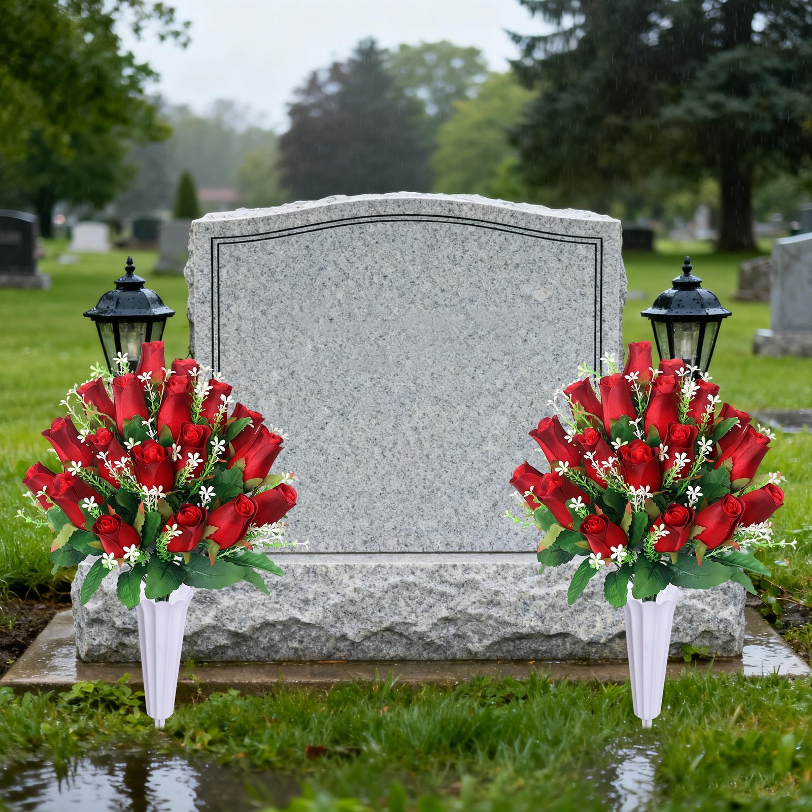 Artificial Cemetery Flowers,Set of 2 Grave Decorations Roses, Tombstone Memorial
