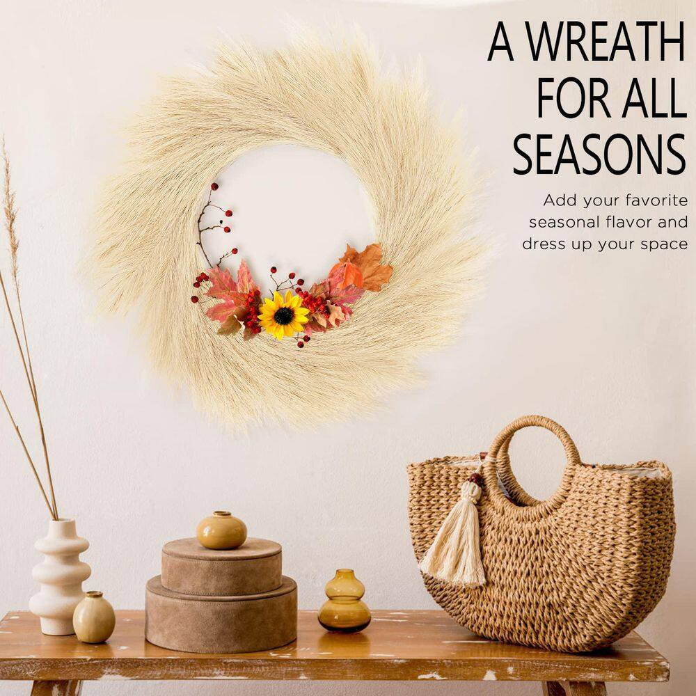 2 in Beige Artificial Plant Faux Pampas Grass Wreath Boho Modern Christmas Home