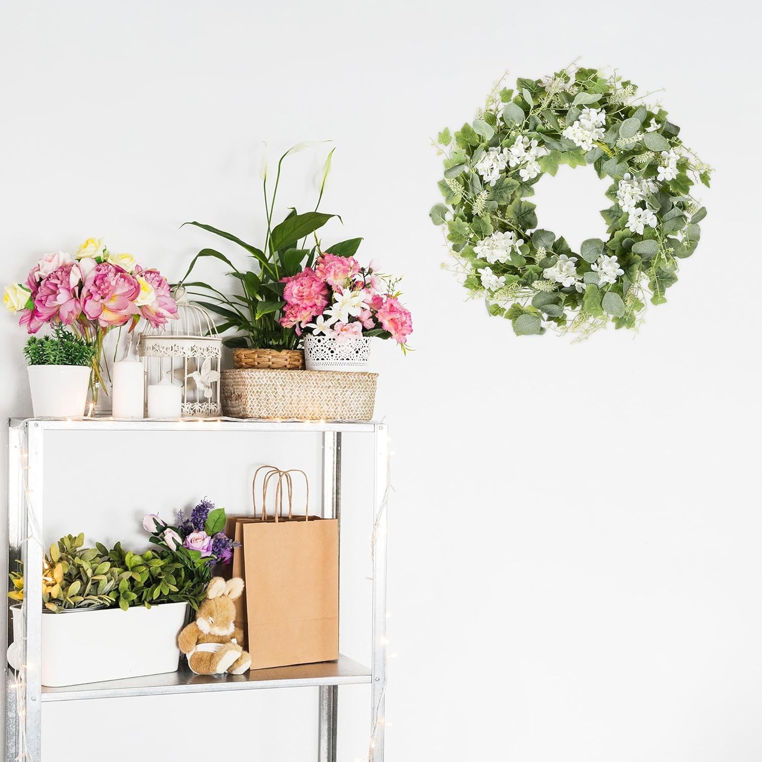 18-Inch Artificial Spring Summer Wreath with Eucalyptus and White Flowers