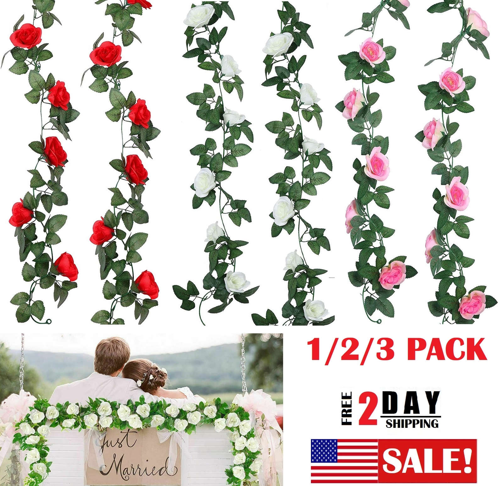 3Pack 7.5Ft Flower Garland Fake Rose Vine Artificial Flower Hanging Ivy Floral