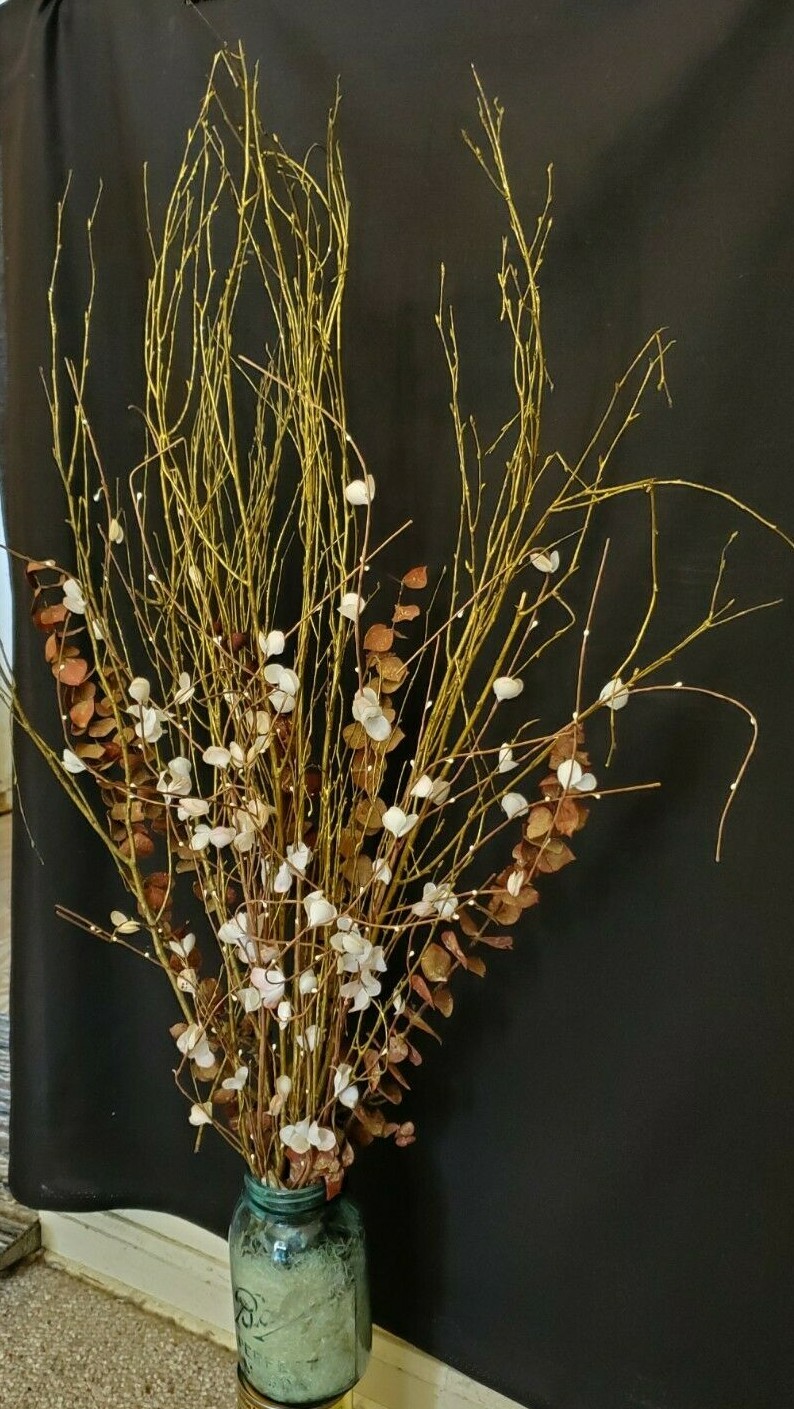 White & Pink Blossoms, Red Eucalyptus & Gold Painted Branches in a Mason Jar