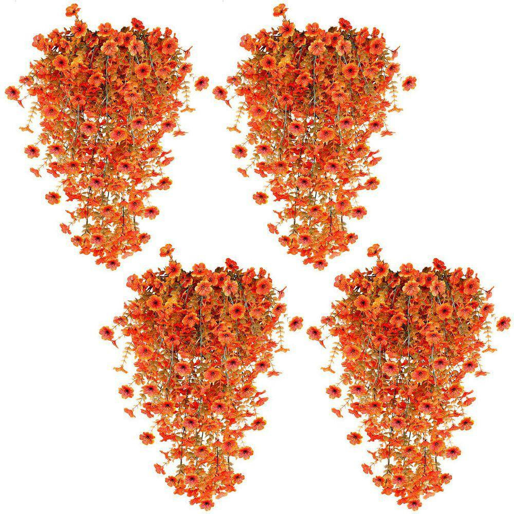 5 In. H Orange Artificial Hanging Fall Flowers 4-Pieces Fake Mums for Outdoor UV