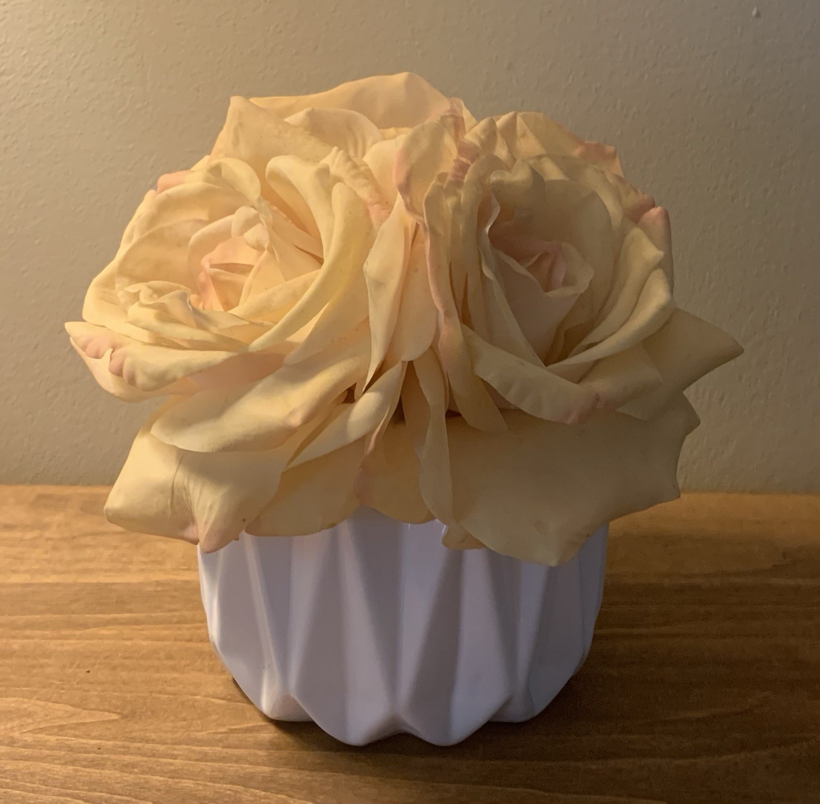 Faux Blush Pink Roses Floral Arrangement Bouquet in White Ceramic Flower Pot