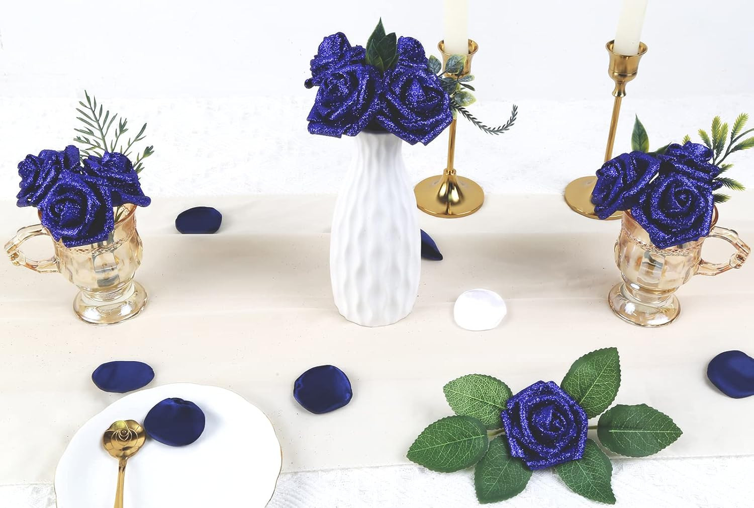 Foam Roses,50pcs Royal Blue Glitter Roses Glitter Flowers Foam Flowers with Stem