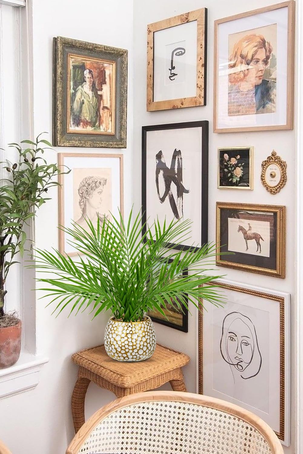 Fake Plants 15” Faux Palm Plant in Gold-White Pot | Realistic Tropical Artif…